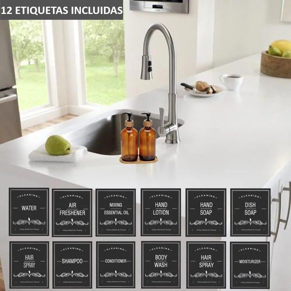 2 Dispensador De Jabon Botella Vidrio Ambar 500 Ml + Bandeja y etiquetas WakesHome-4