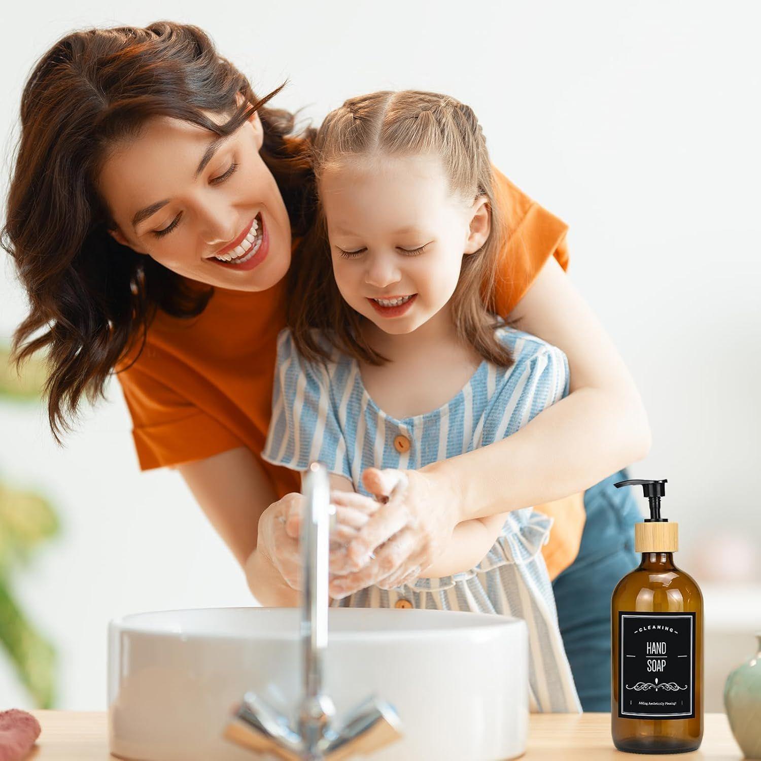 2 Dispensador De Jabon Botella Vidrio Ambar 500 Ml + Bandeja y etiquetas WakesHome-6