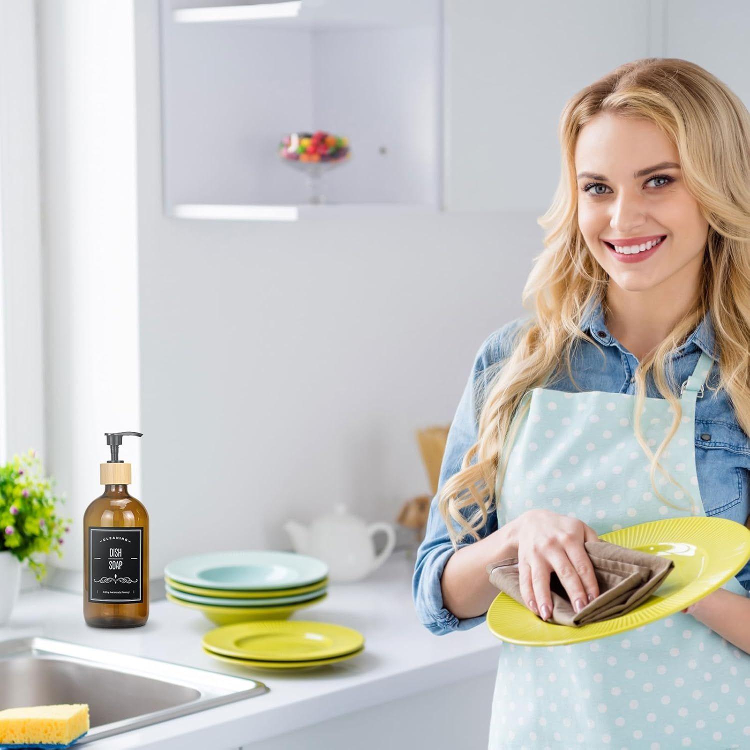 2 Dispensador De Jabon Botella Vidrio Ambar 500 Ml + Bandeja y etiquetas WakesHome-7