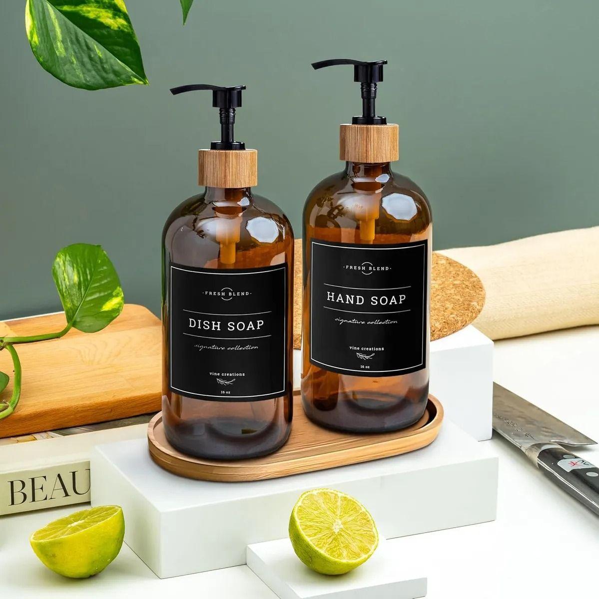 2 Dispensador De Jabon Botella Vidrio Ambar 500 Ml + Bandeja y etiquetas WakesHome-4
