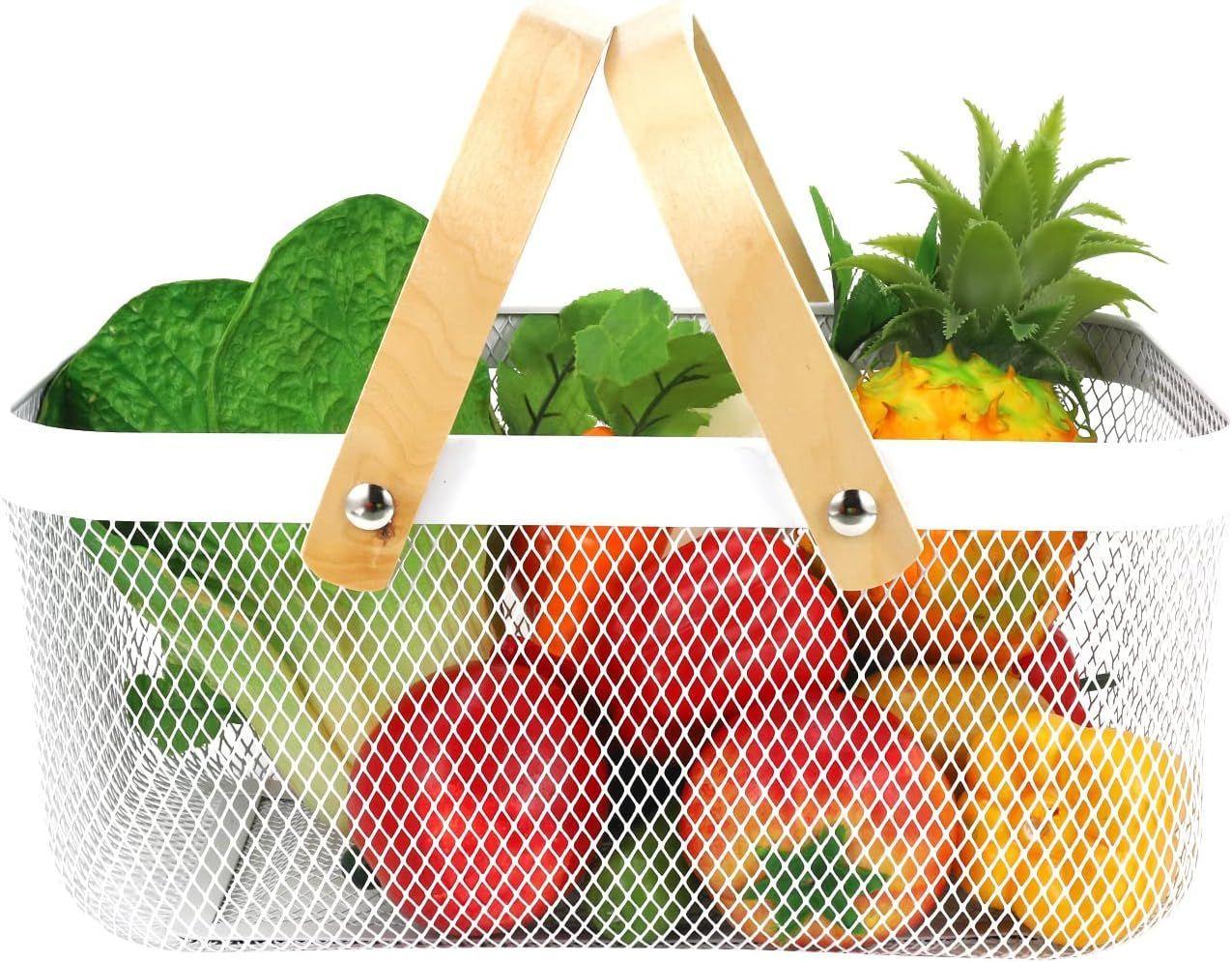 Cesta Metalico Organizador De Cocina Con Asa De Madera Blanco | Asa De Bamboo-1