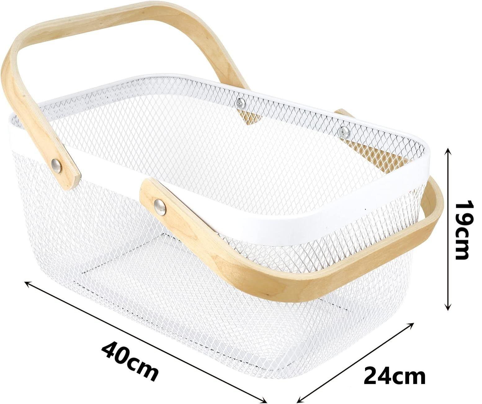 Cesta Metalico Organizador De Cocina Con Asa De Madera Blanco | Asa De Bamboo-2