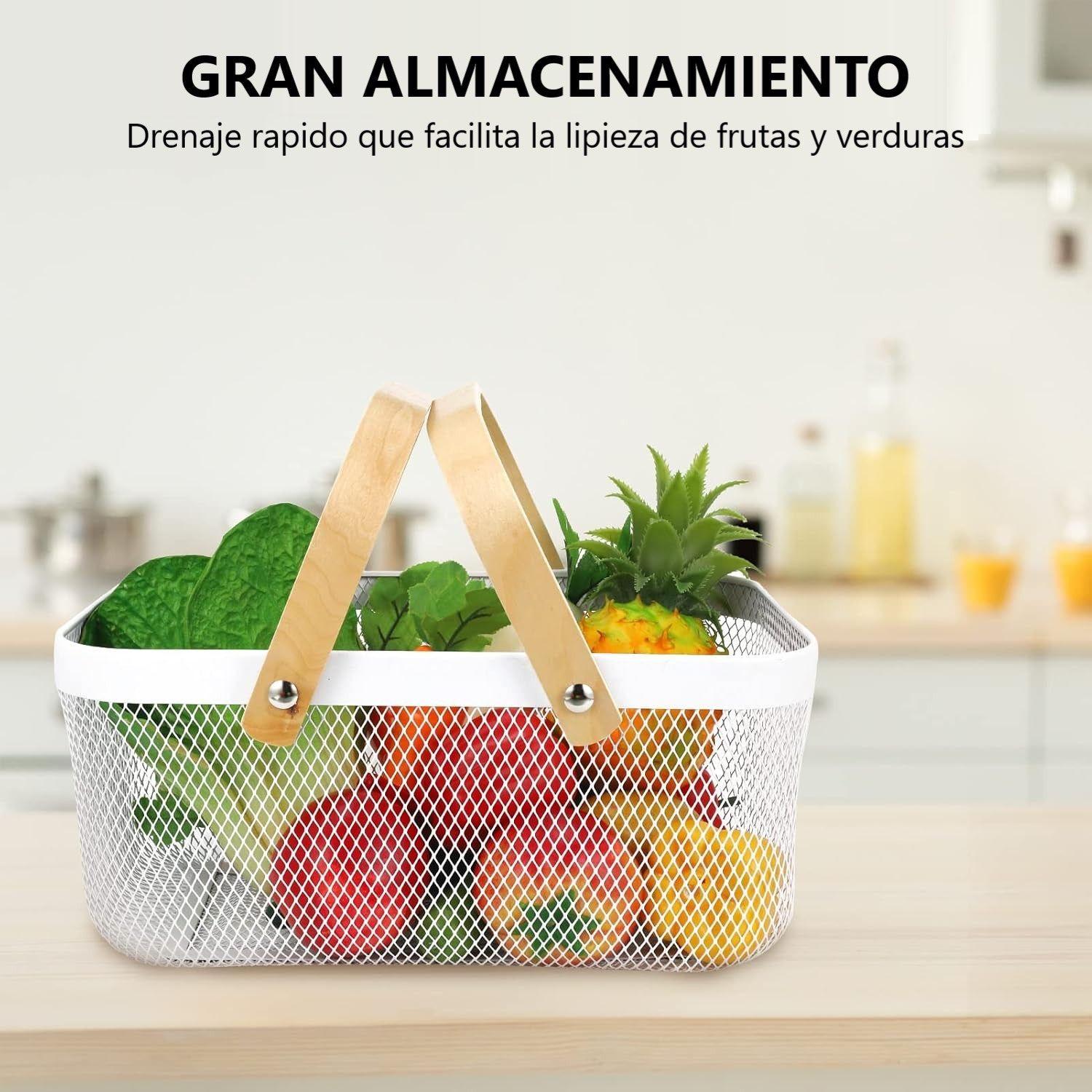 Cesta Metalico Organizador De Cocina Con Asa De Madera Blanco | Asa De Bamboo-3