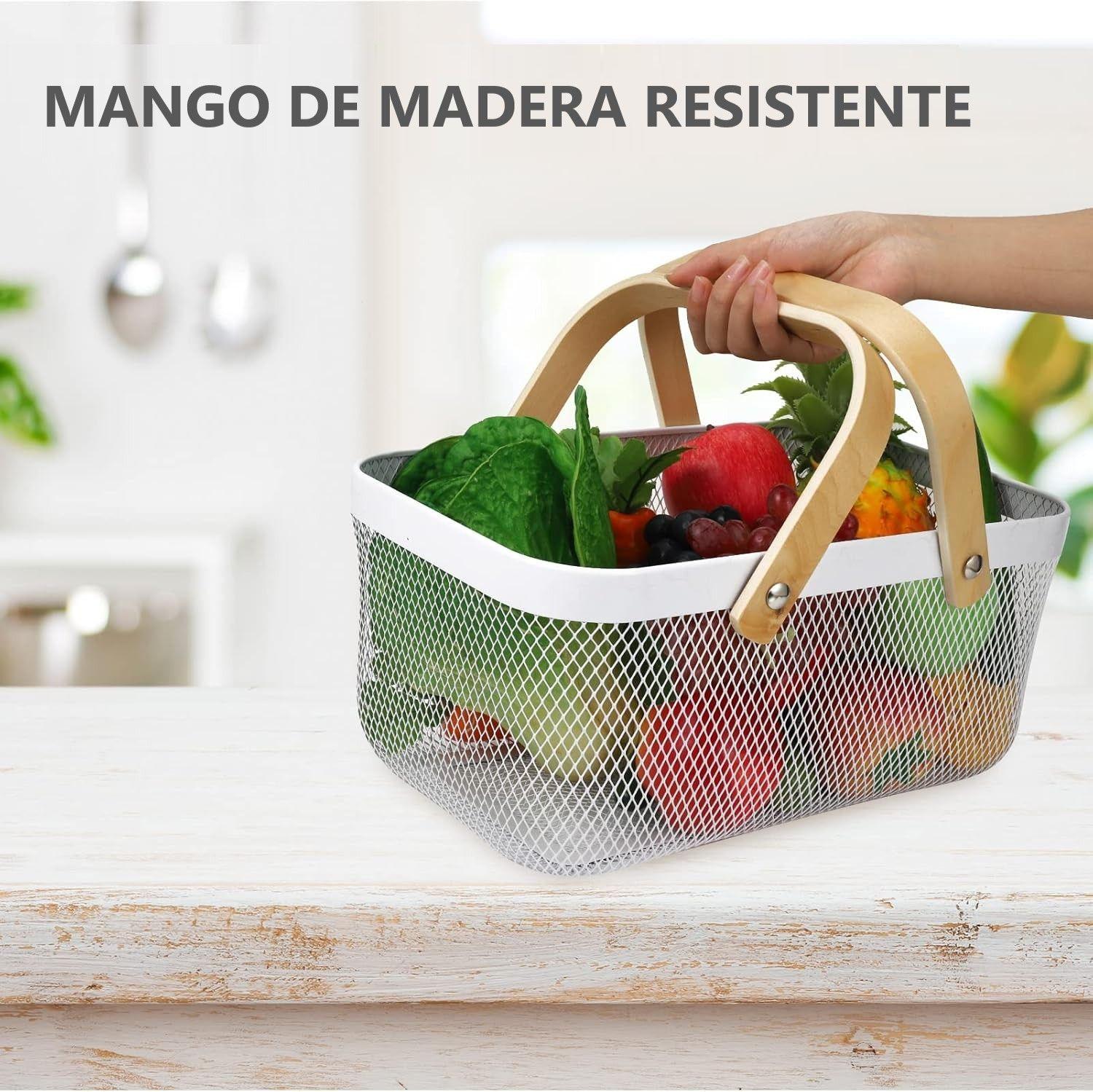 Cesta Metalico Organizador De Cocina Con Asa De Madera Blanco | Asa De Bamboo-4