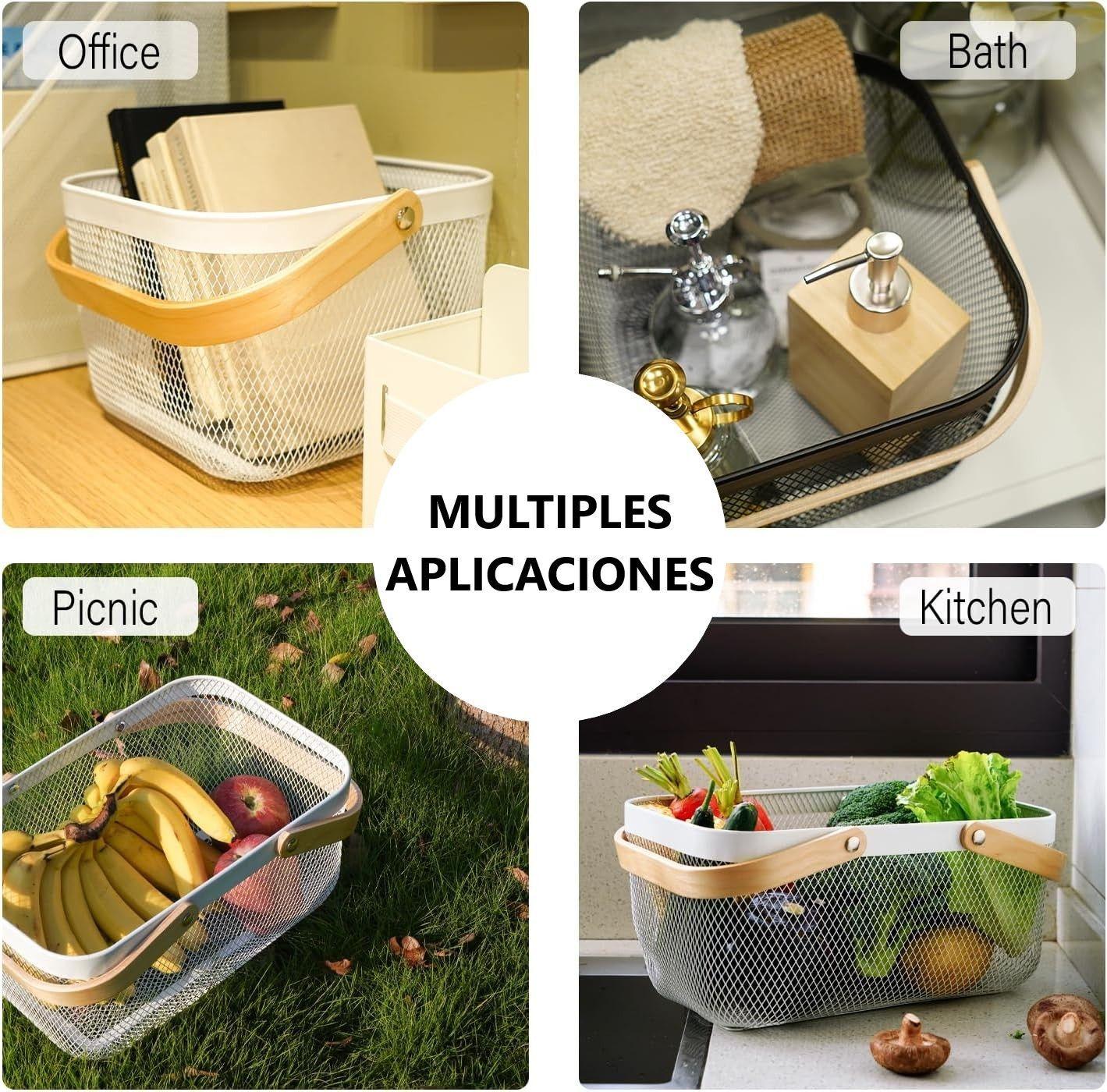 Cesta Metalico Organizador De Cocina Con Asa De Madera Blanco | Asa De Bamboo-5