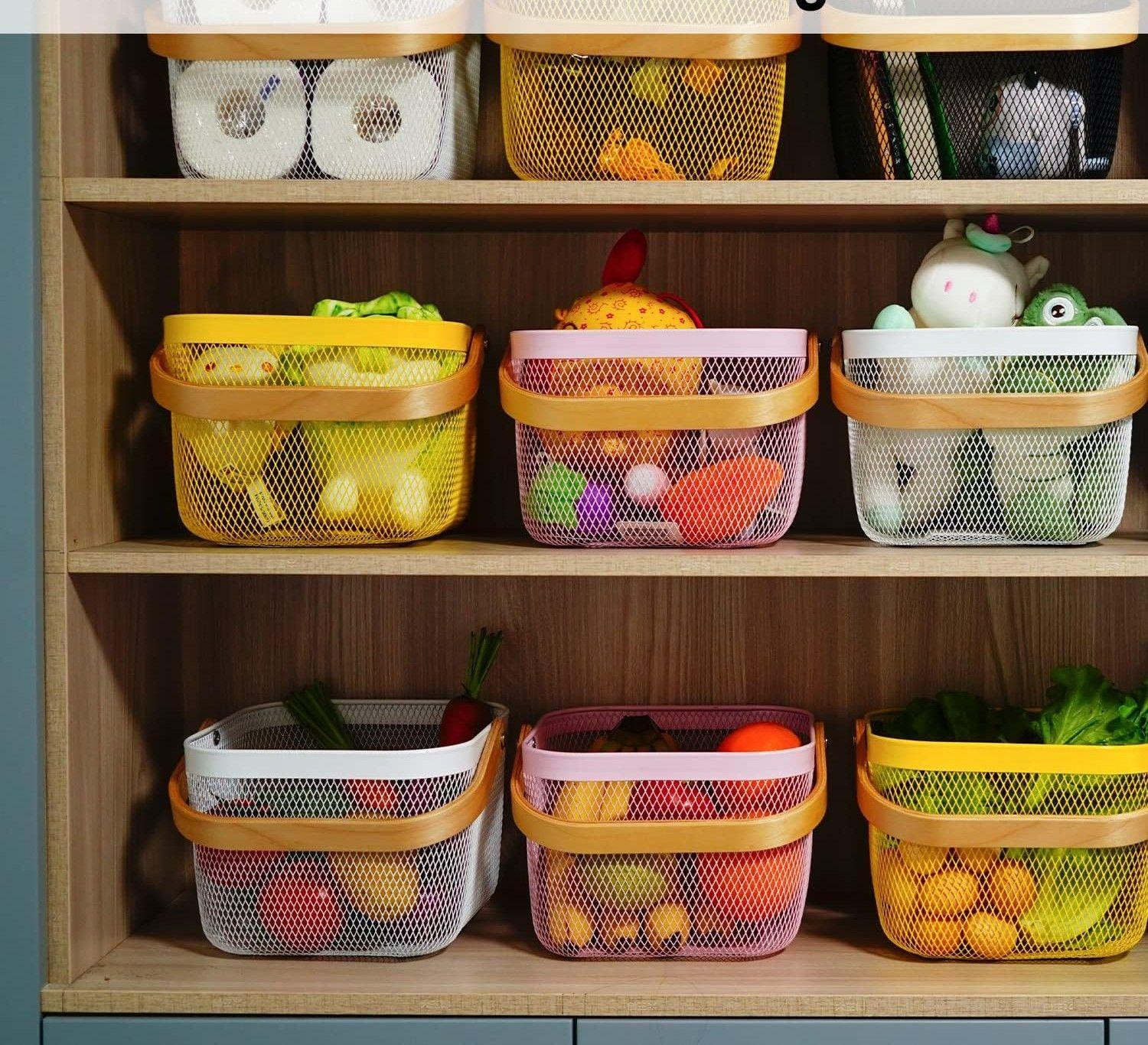 Cesta Metalico Organizador De Cocina Con Asa De Madera Blanco | Asa De Bamboo-6