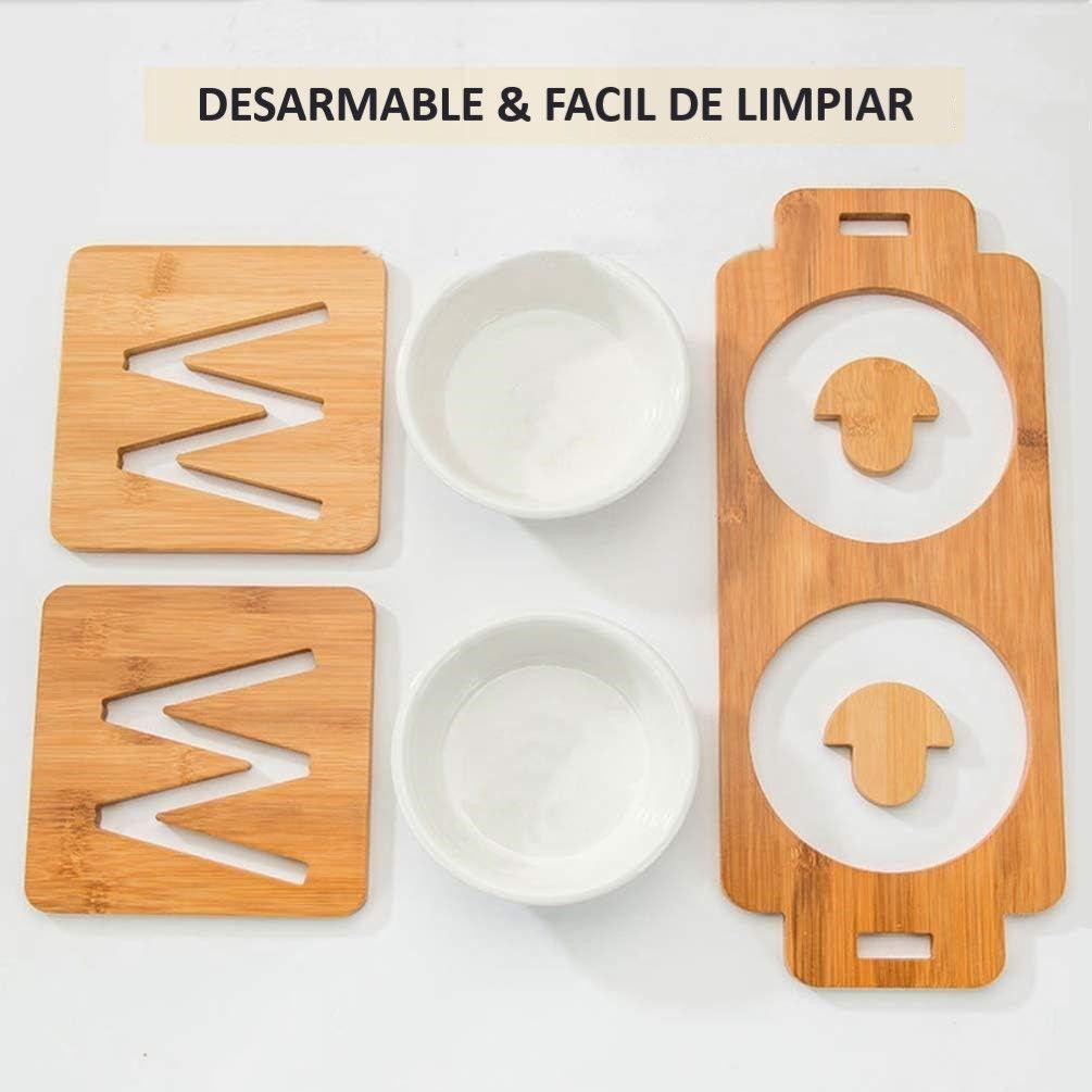Comedero Bebedero De Mascotas altura Ajustable Cuenco Elevado Bambu WakesHome-5