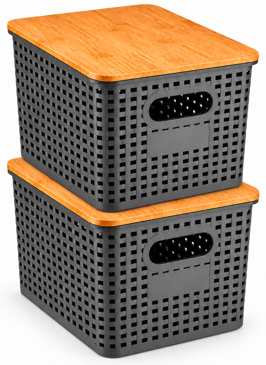Pack Caja Organizadora Rat n 10lt Gris Tapa De Bamb Canasto-0