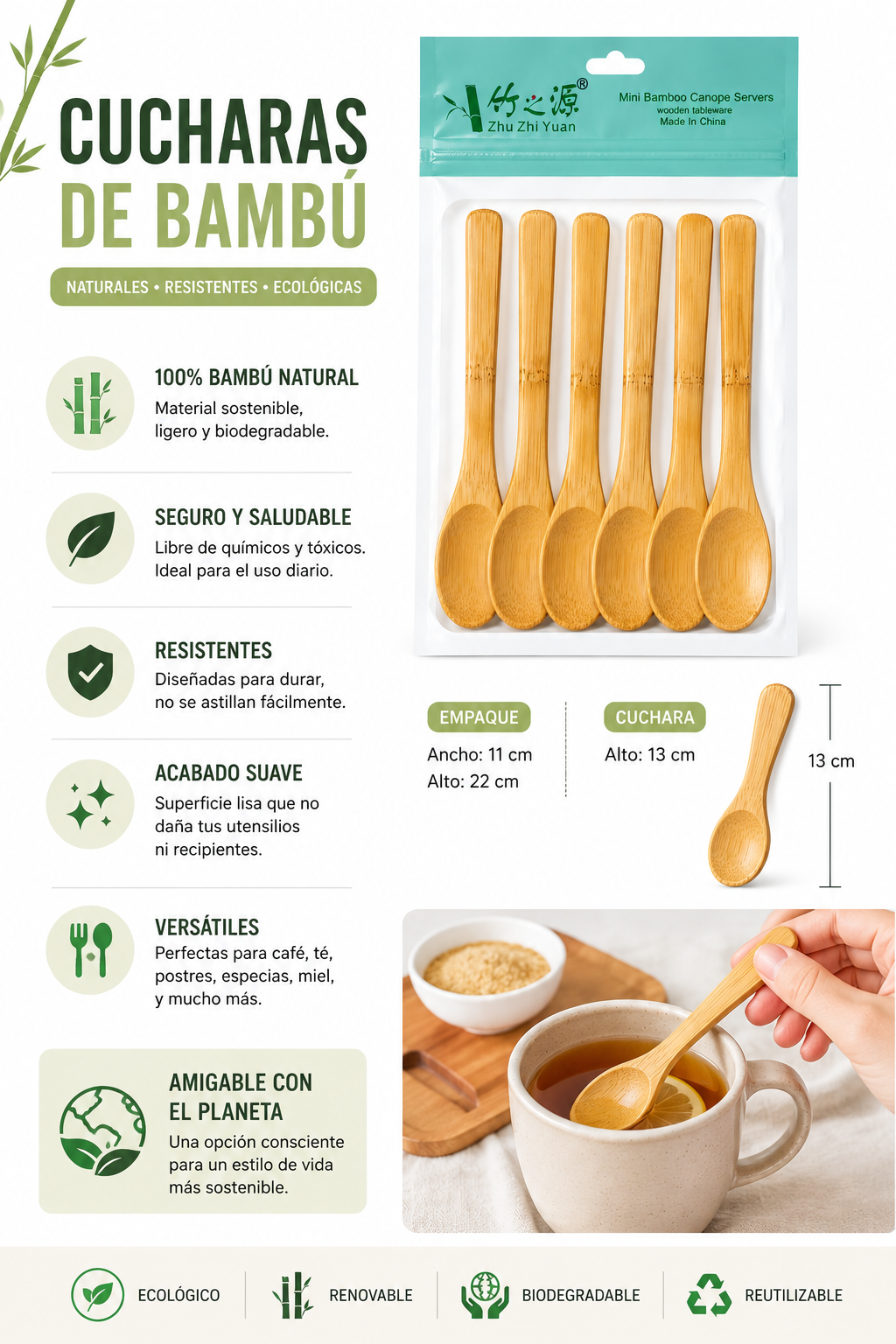 Set 6 Cucharas Bambu Natural Reutilizable Cucharita Salsas-2