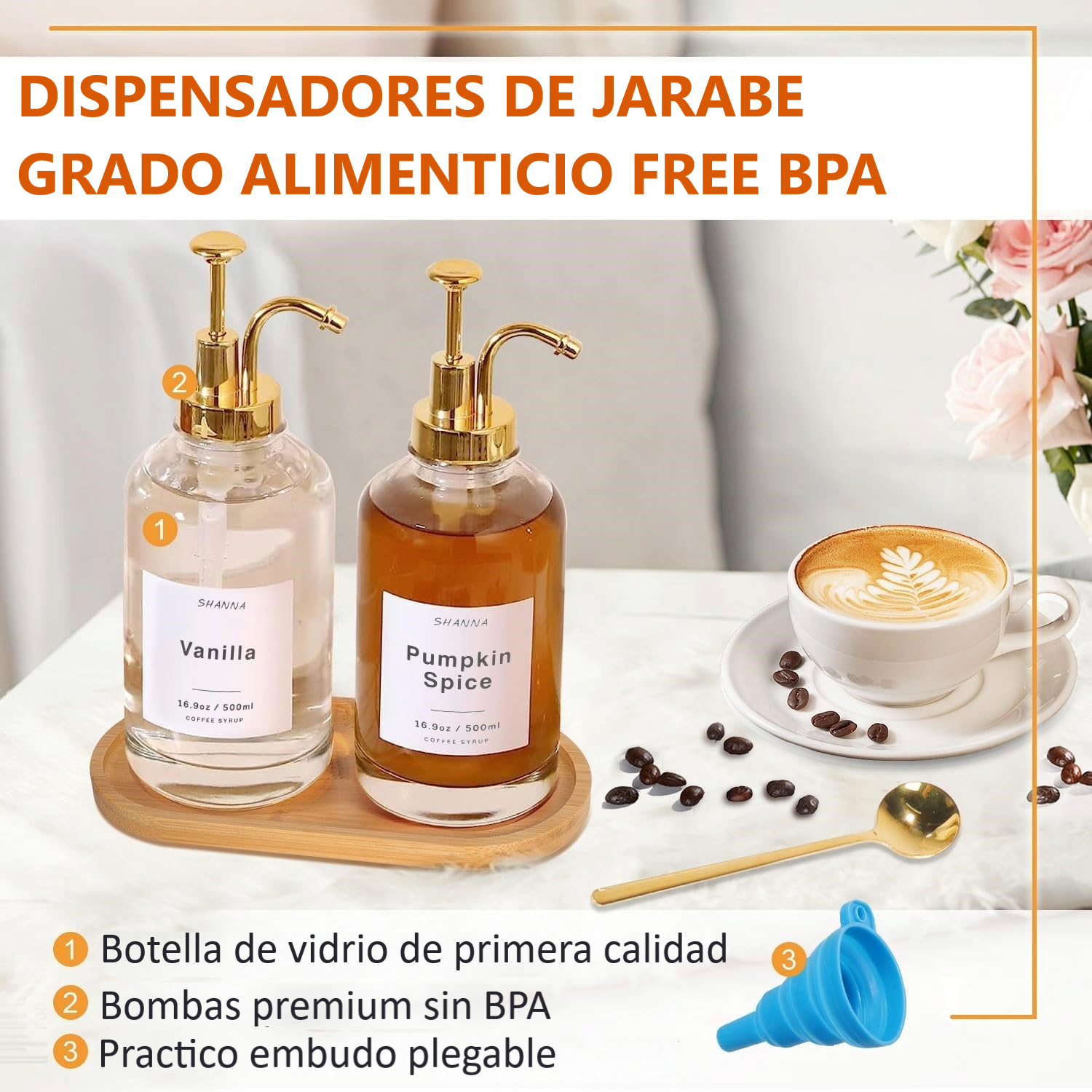2 Dispensador De Jarabe, Botella De Sirope De Cafe 500ml Dorado WakesHome-6