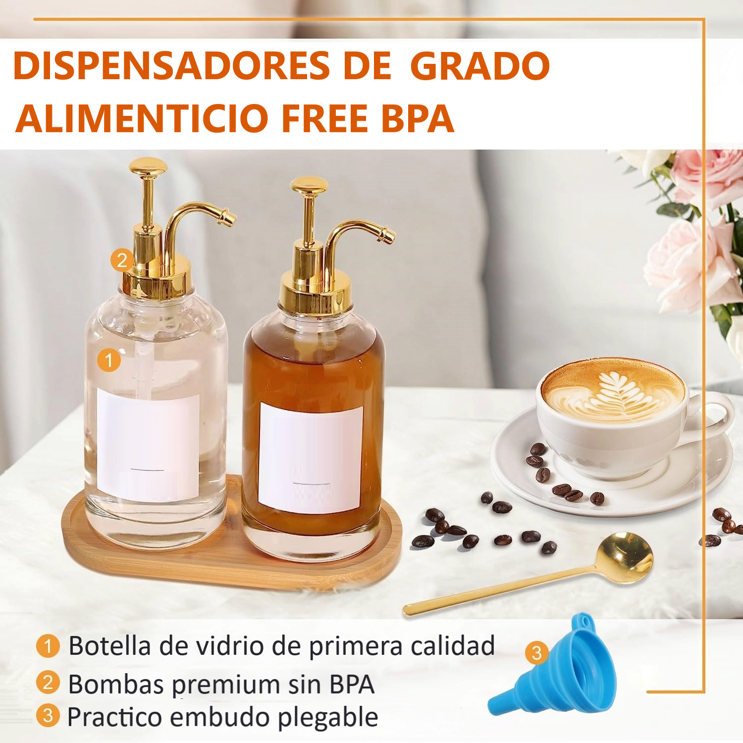 2 Dispensador De Jarabe, Botella De Sirope De Cafe 500ml Dorado WakesHome-7