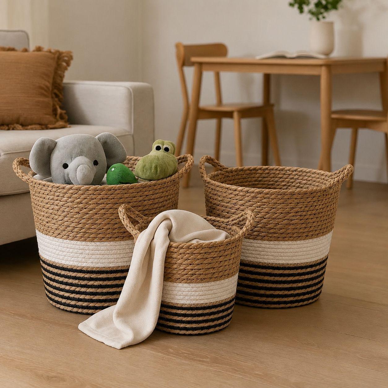 Set 3 Canastos Organizador De Hogar De Yute Natural Con Asa-1
