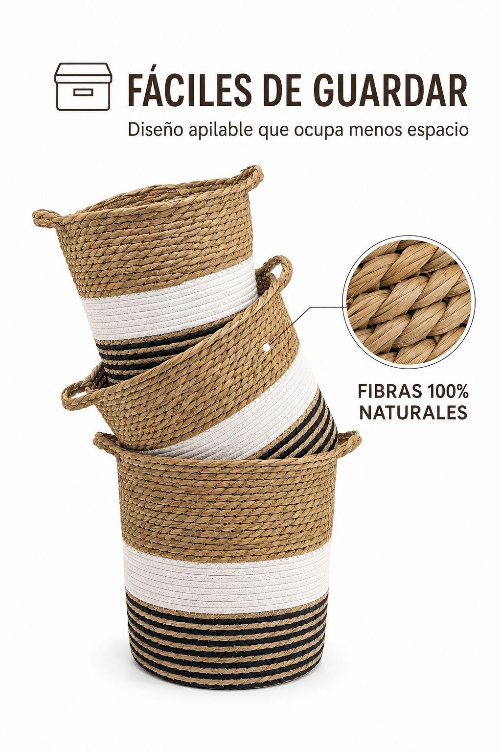 Set 3 Canastos Organizador De Hogar De Yute Natural Con Asa-2