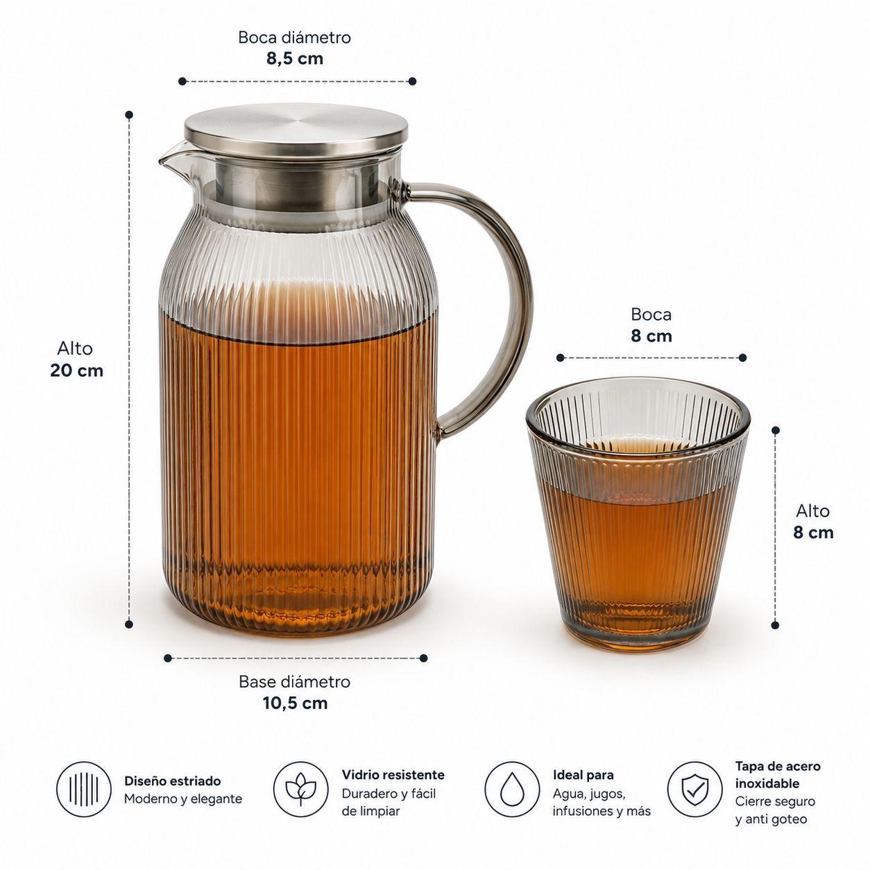 Juego De Jarra De Vidrio Con Tapa Acero Inoxidable 6 Vasos-2