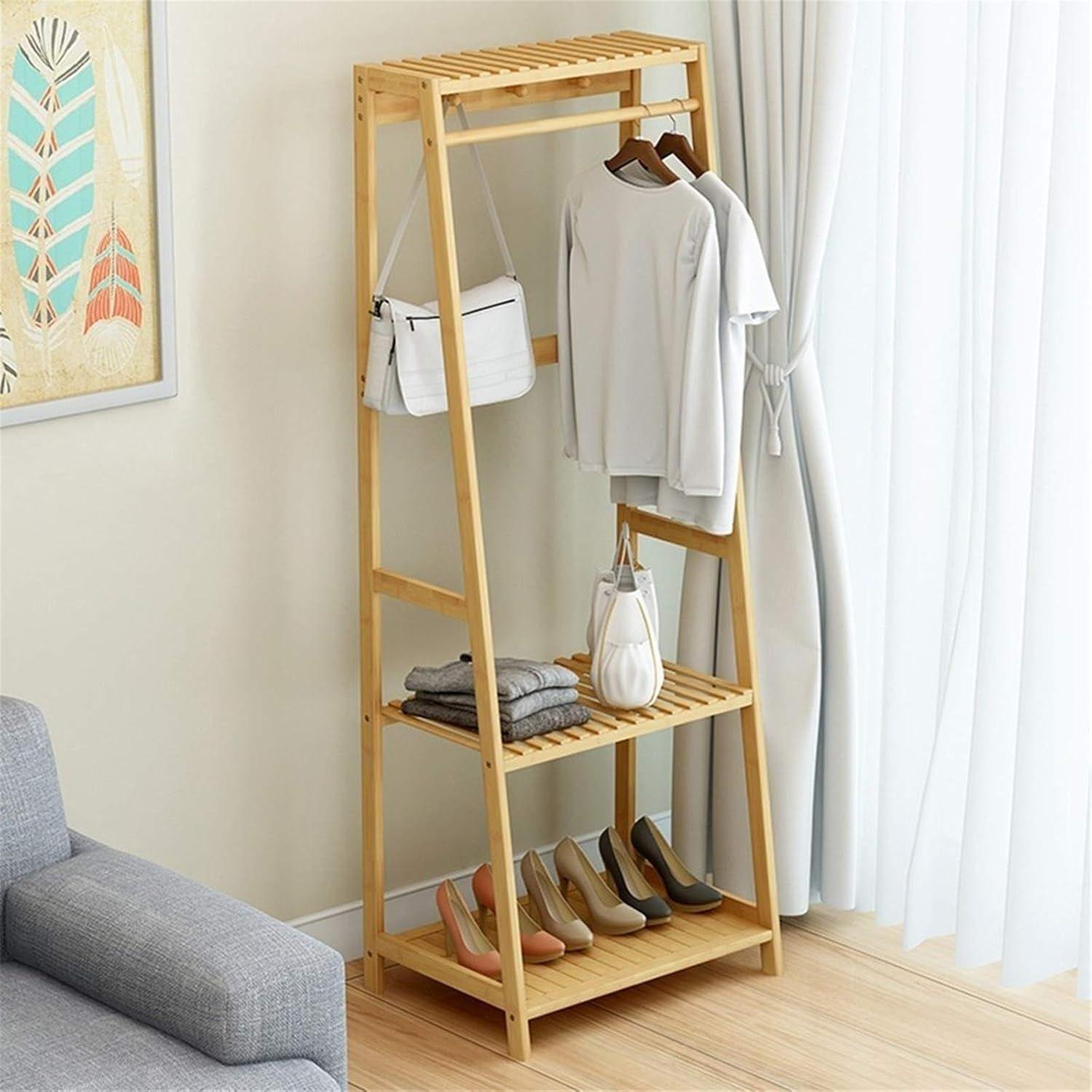 Perchero De Bambú Organizador Colgador De Ropa De Madera-2