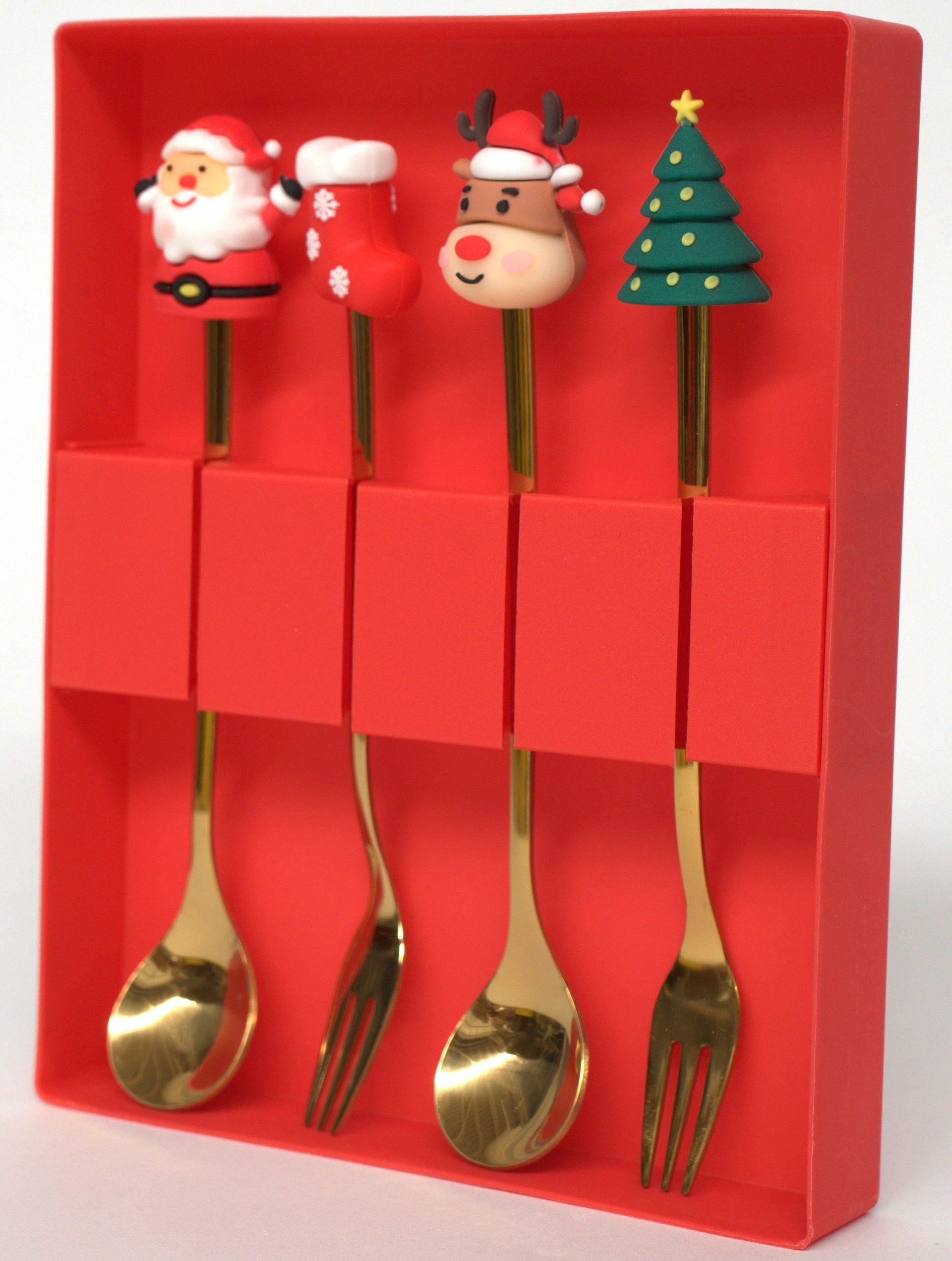 Set 4 Cubiertos Navideños Cuchara Y Tenedor Decoración Mesa-2