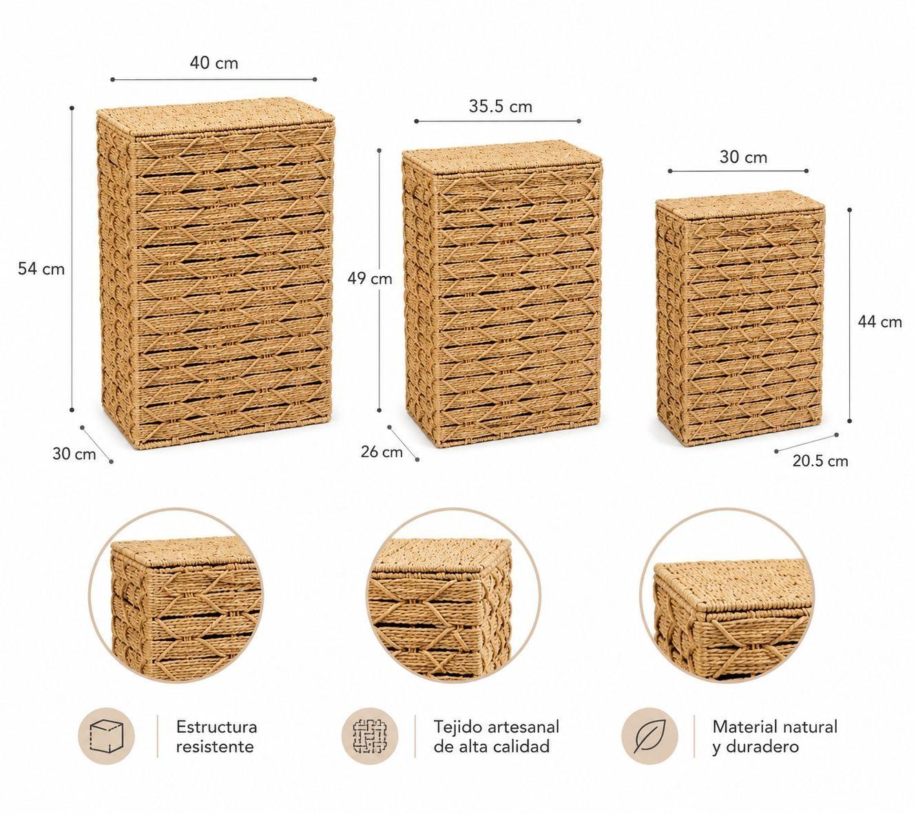 3 Canastos Rectangulares Organizadores Fibra Natural Tapa-2