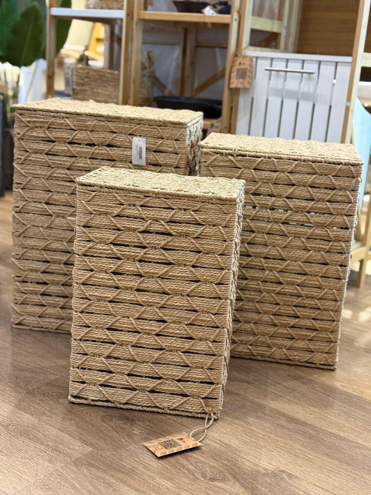 3 Canastos Rectangulares Organizadores Fibra Natural Tapa-5