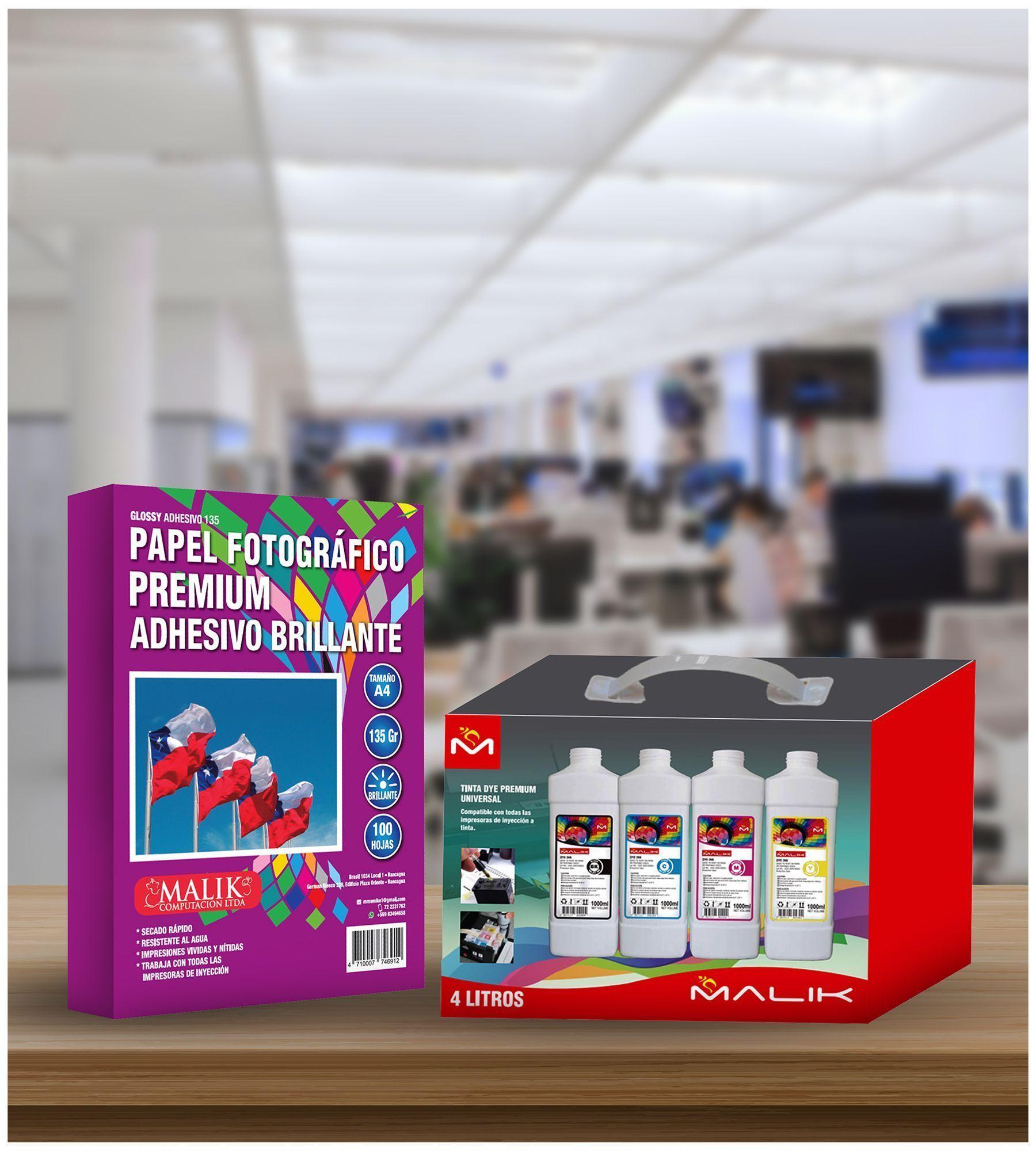 Papel Adhesivo 135gm 100 hojas + 4 Litros para Epsn L8160-4