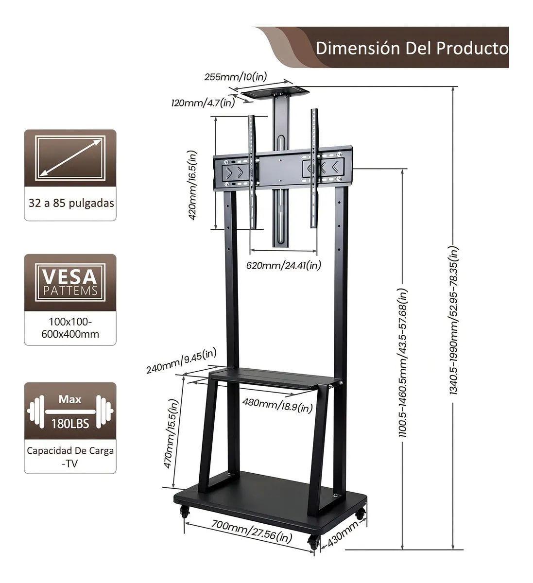 Carro Móvil para TV 32-75" 1700 Altura Ajustable-6