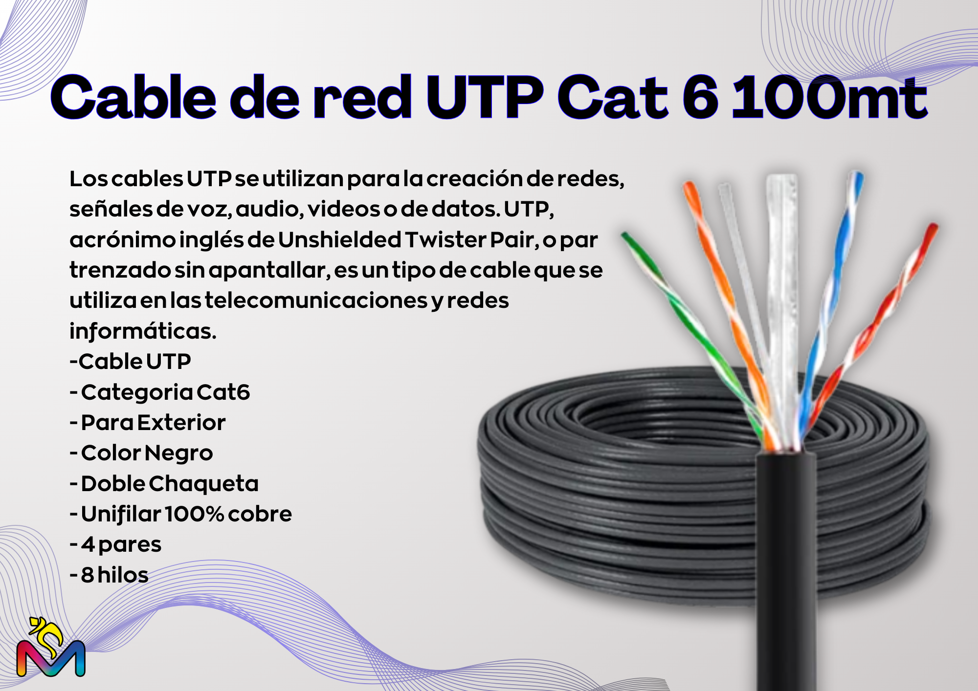 Cable de red UTP Cat 6 Resistente y Duradero Exterior 100mt Pack 3-2
