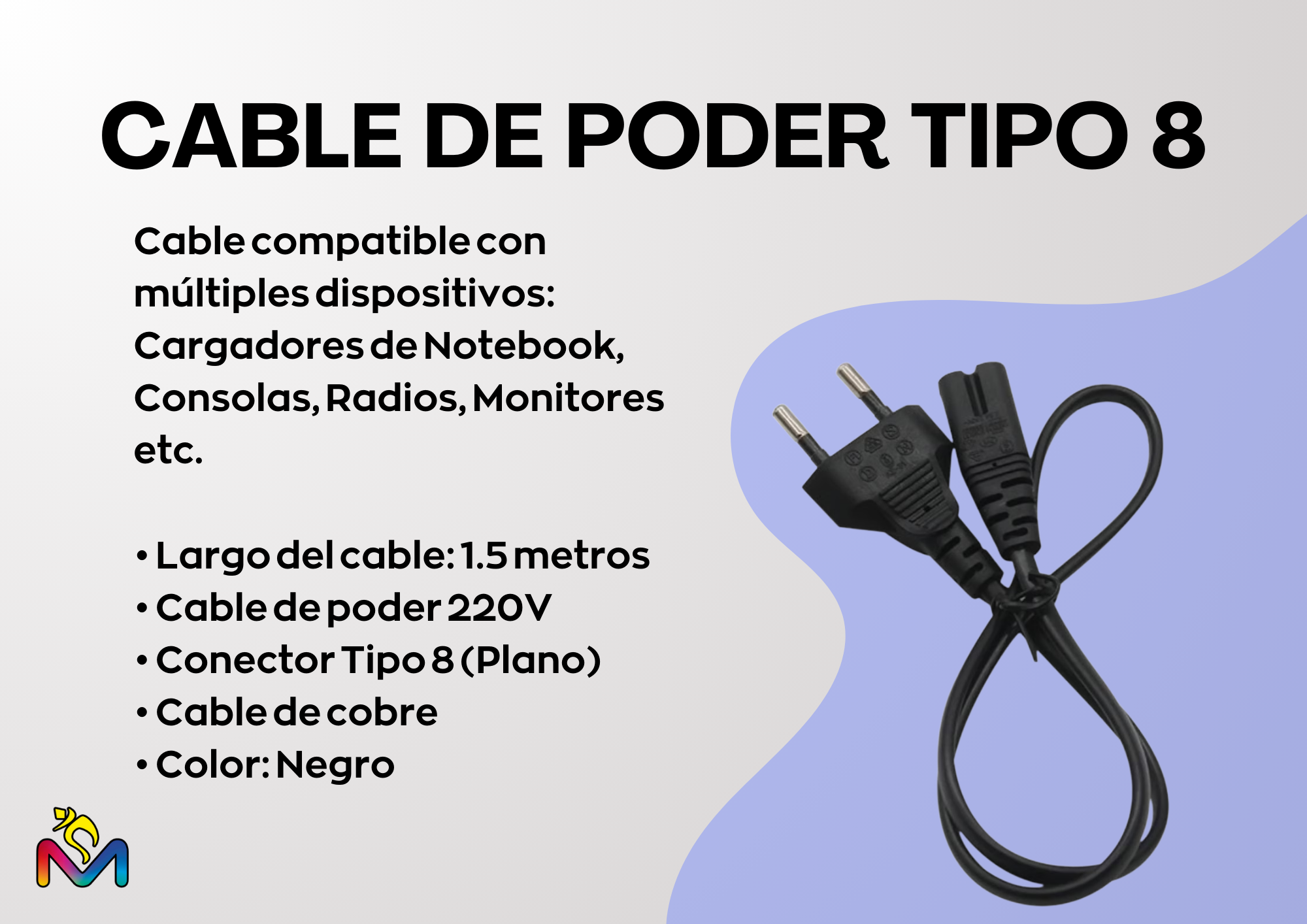 Cable Poder Tipo 8 Enchufe Nacional 180cm Cobre C7 C Pack 20-2
