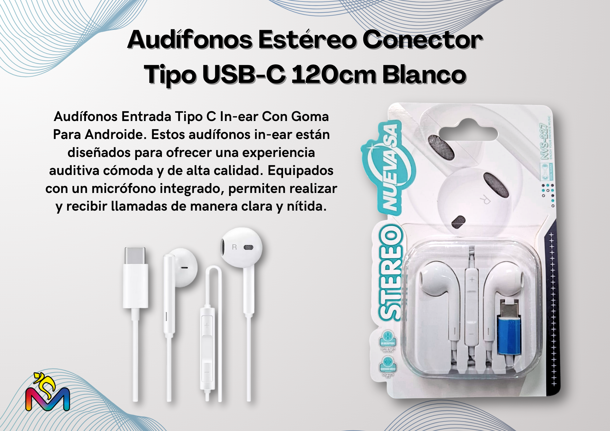 Audífonos Estéreo Conector Type USB-C 120cm Auriculares Blanco Pack 3-2