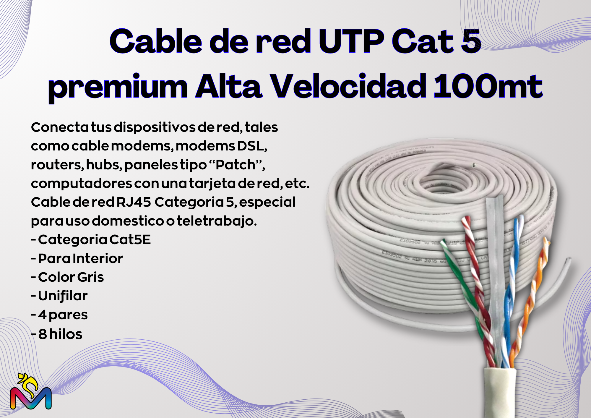 Cable de red UTP Cat 5 premium Alta Velocidad interior 100mt Pack 3-1
