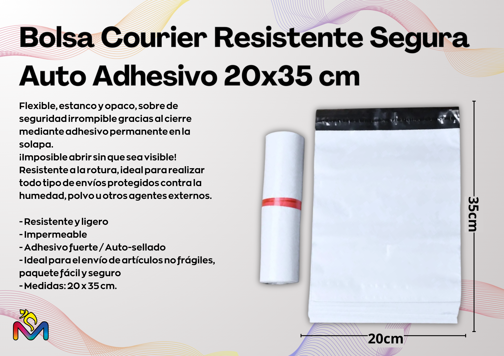 Pack 100 Bolsa Courier Resistente Segura Auto Adhesivo 20 x 35 cm Pack 3-1