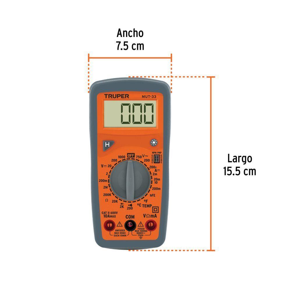 Multitester Digital Truper Profesional MUT 33 Volt AC DC Medici n Temperatura CAT III 600V-3