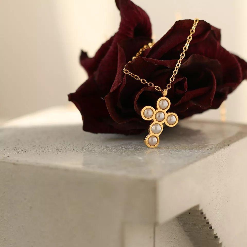 Collar Cruz De Perlas Oro 18kt Exclusivo Bañado-6