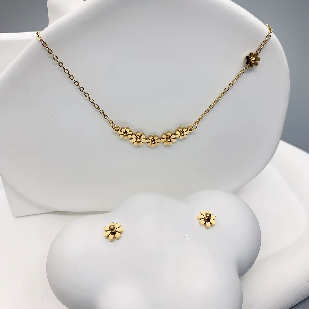 Pack Conjunto 2 Piezas Aros+Collar Baño Oro18kt Margaritas-2
