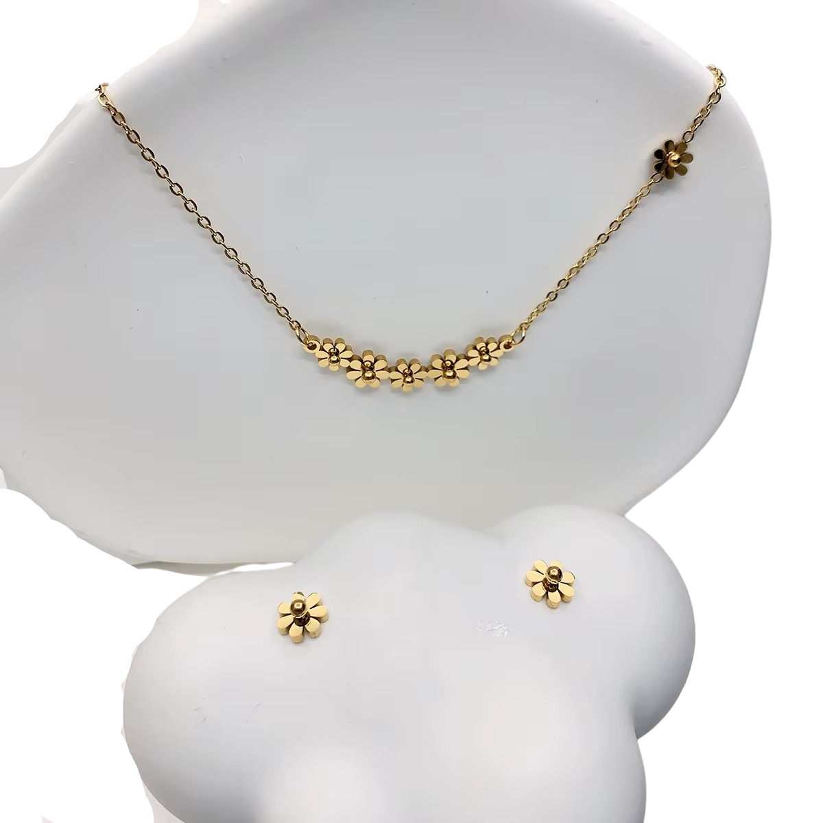 Pack Conjunto 2 Piezas Aros+Collar Baño Oro18kt Margaritas-3
