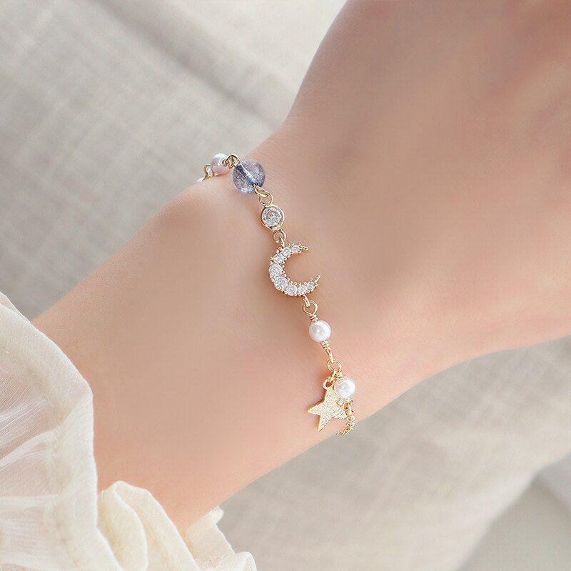 Pulsera Luna Con Cristal Perlas Baño Oro Amarillo 18kt-2