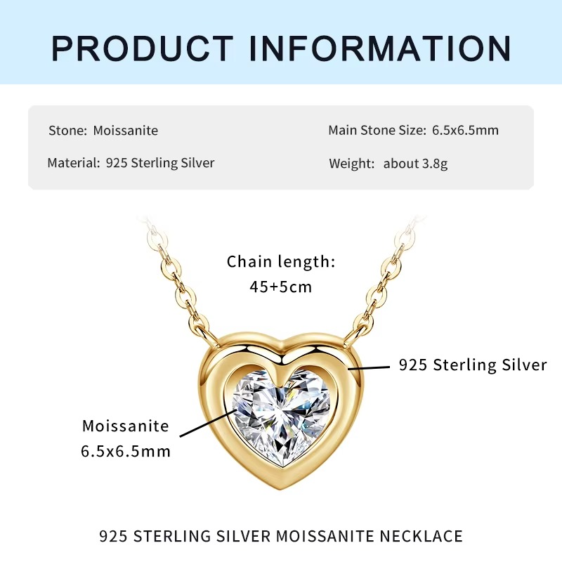 Collar Corazón Con Diamante Moissanita 1ct Oro Sobre Plata-1