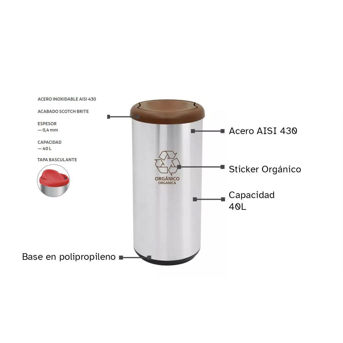 Basurero De Acero Inoxidable 40 L. De Capacidad, Aro Café-2