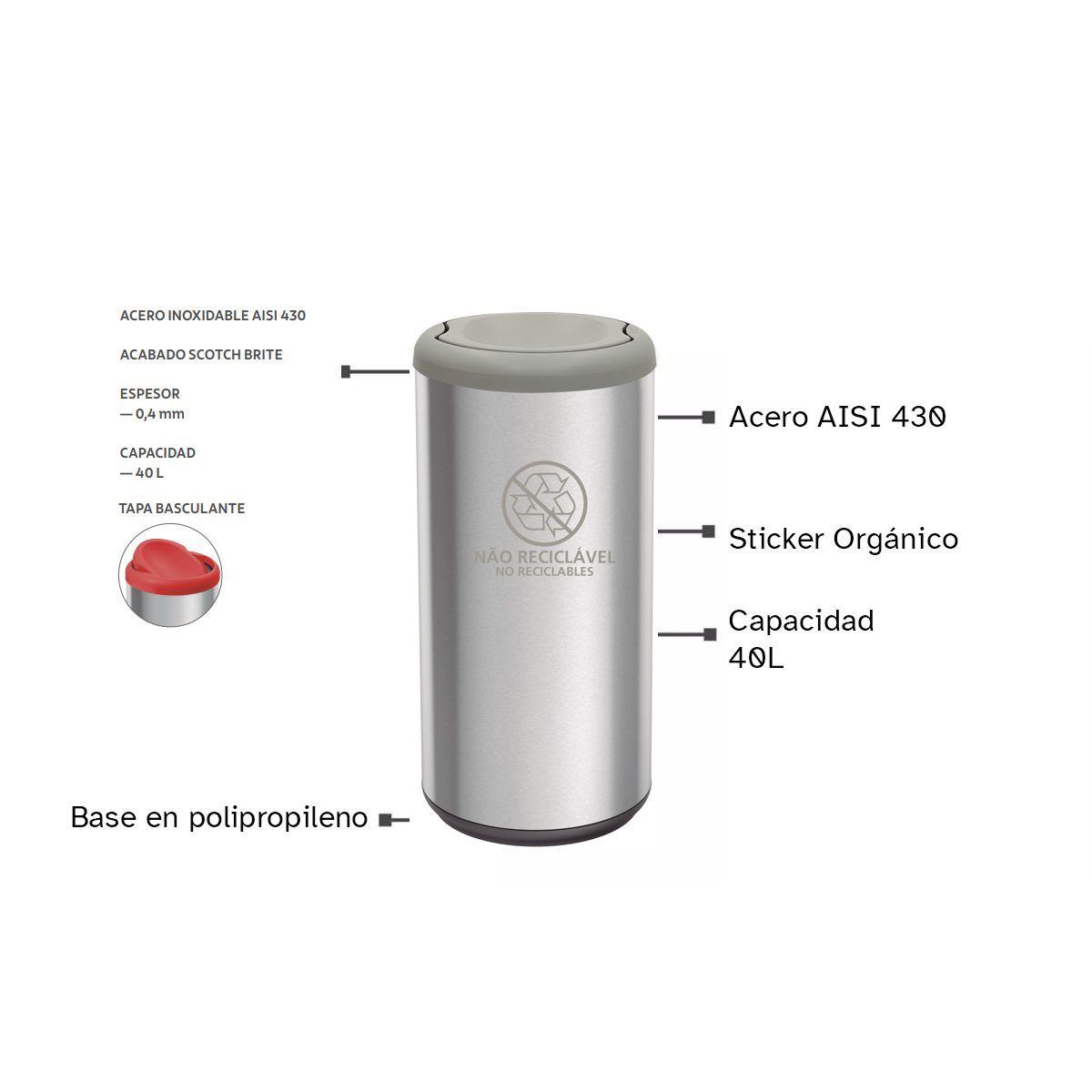 Basurero De Acero Inoxidable 40 L. De Capacidad, Aro Gris-4