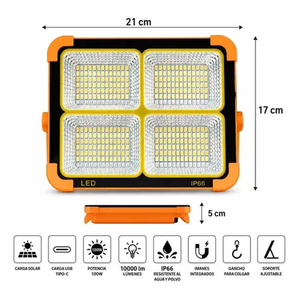 Foco Led Solar 100w 10000 Lm Ip66 Luz Emergencia Recargable Naranja-2