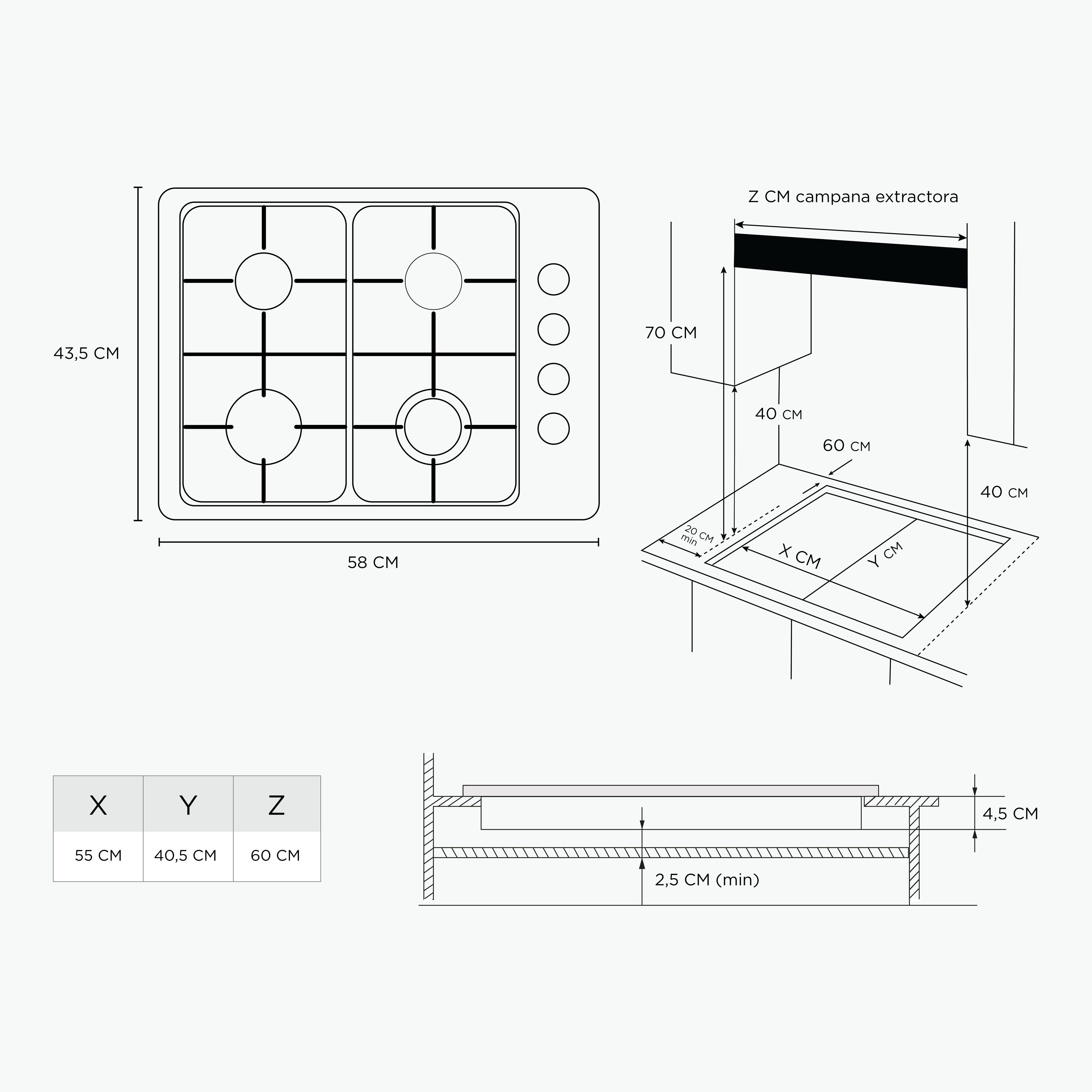 Encimera a Gas 4 Quemadores Gris 60cm Midea-4