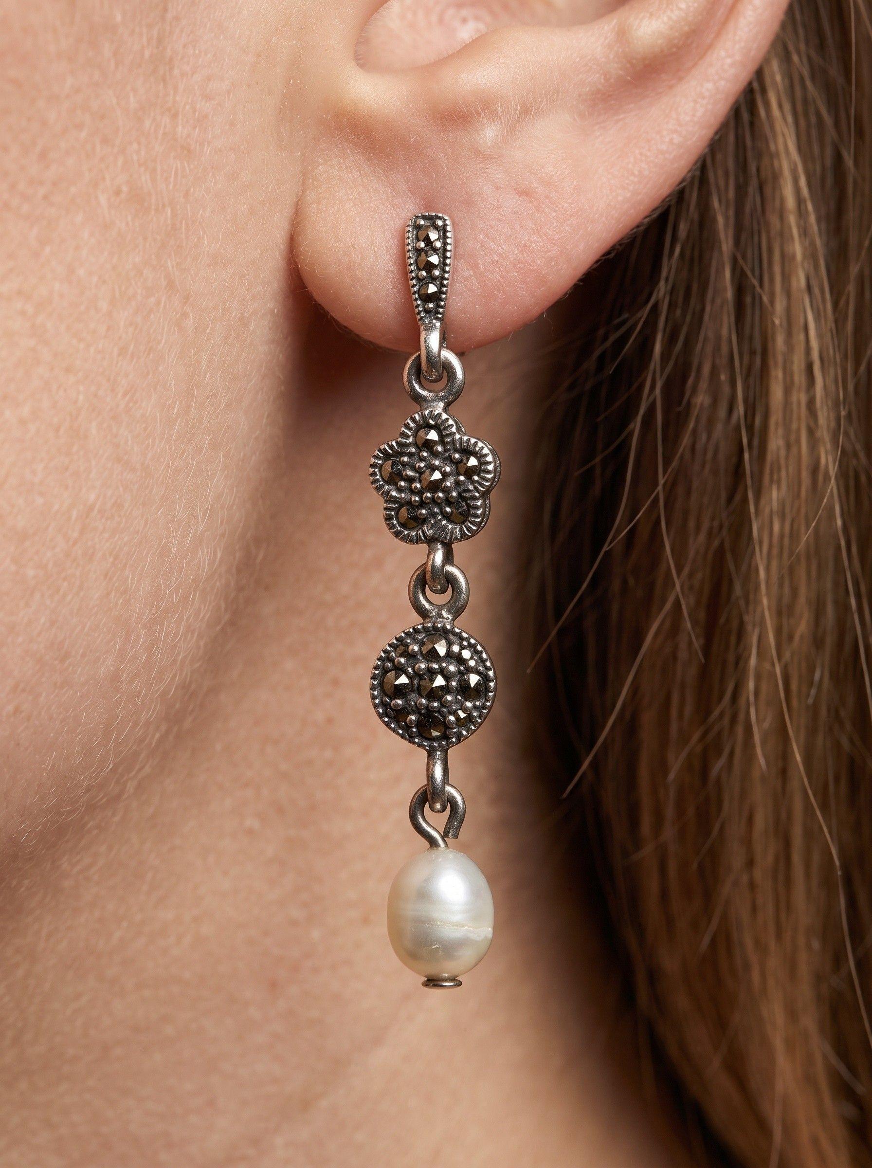 ACCESORIO DE JOYERIA AROS VINTAGE DE PLATA 925 CON MARCASITAS Y PERLAS CULTIVADAS-0