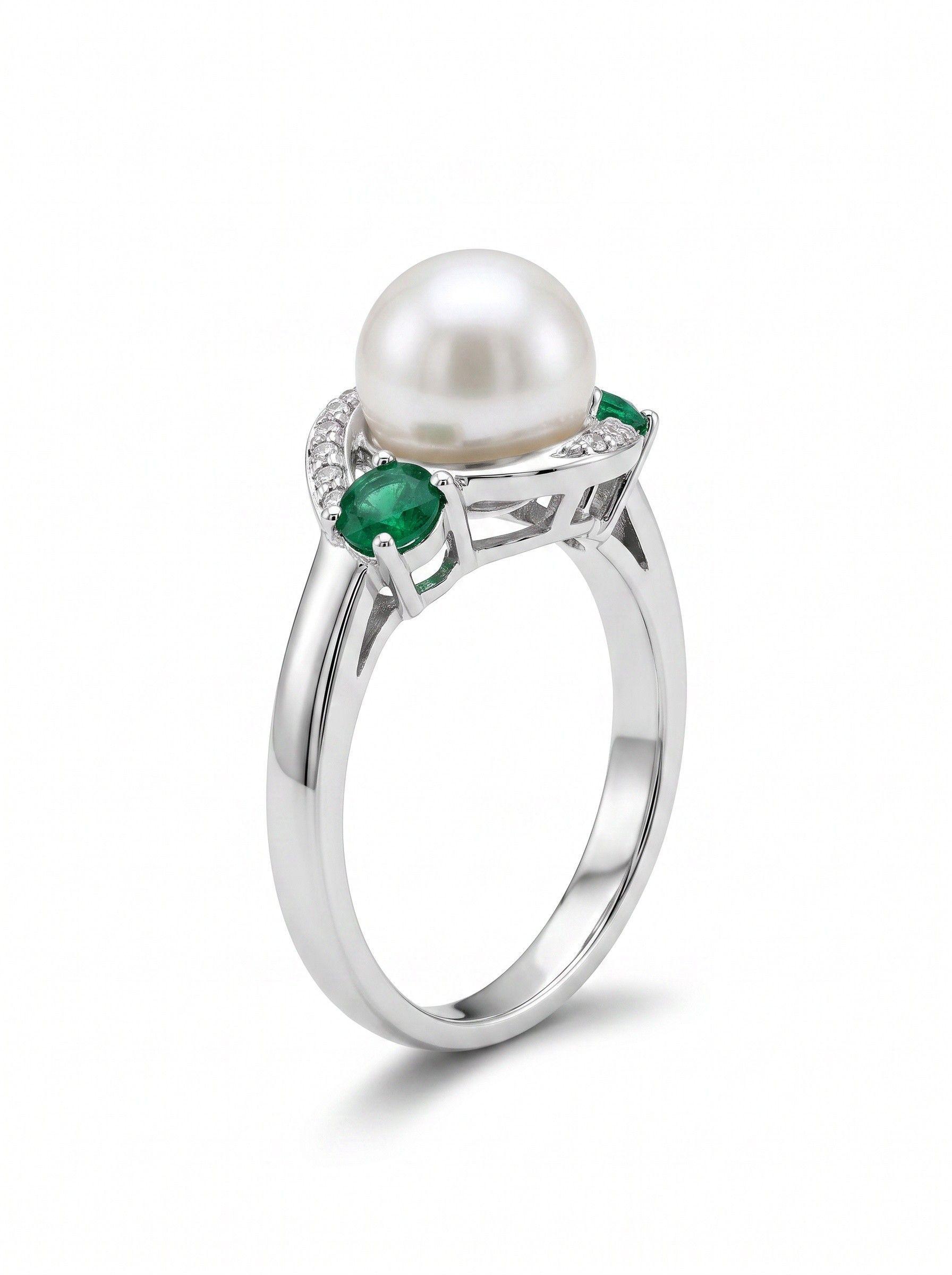 ACCESORIO DE JOYERIA ANILLO DE PLATA RODINADA CON DOS ESMERALDAS Y PERLA-2
