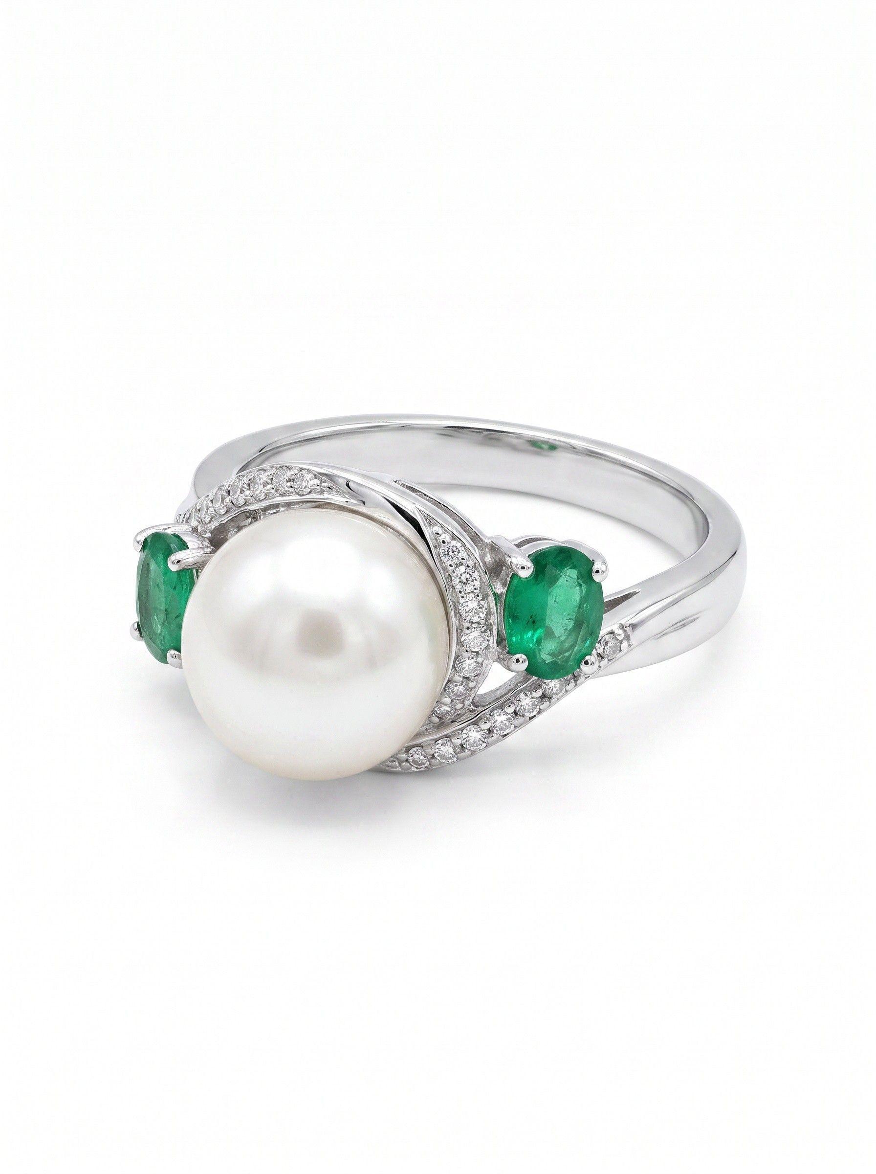 ACCESORIO DE JOYERIA ANILLO DE PLATA RODINADA CON DOS ESMERALDAS Y PERLA-4