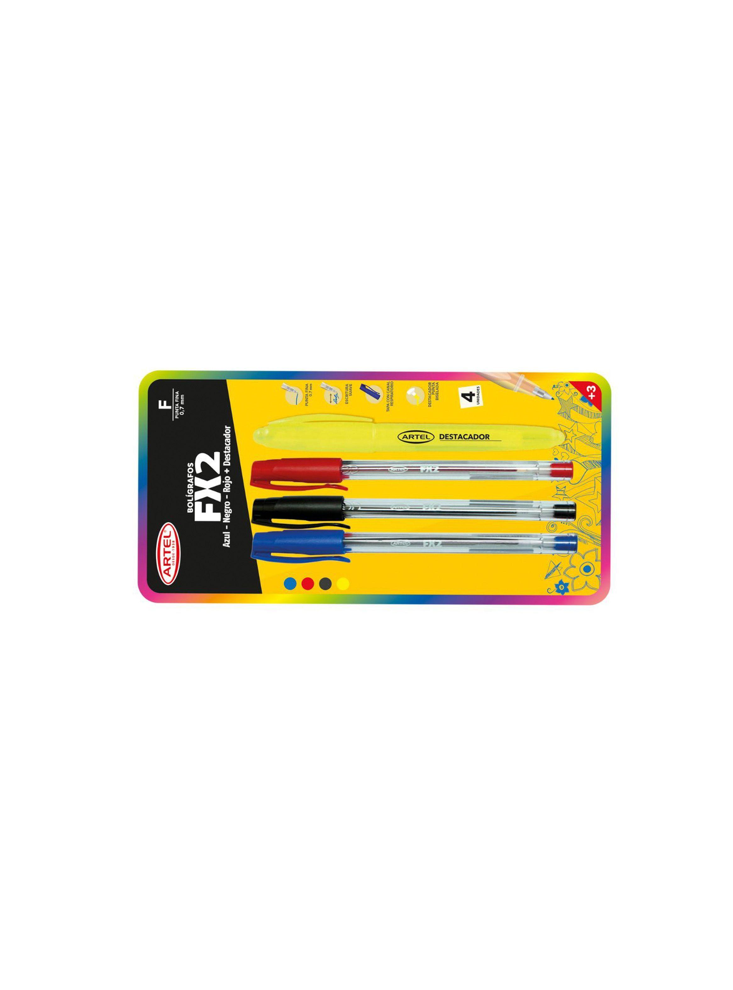 Set 3 Bolígrafos Fx2 0.7mm (azul, rojo, negro) + Destacador Artel-1