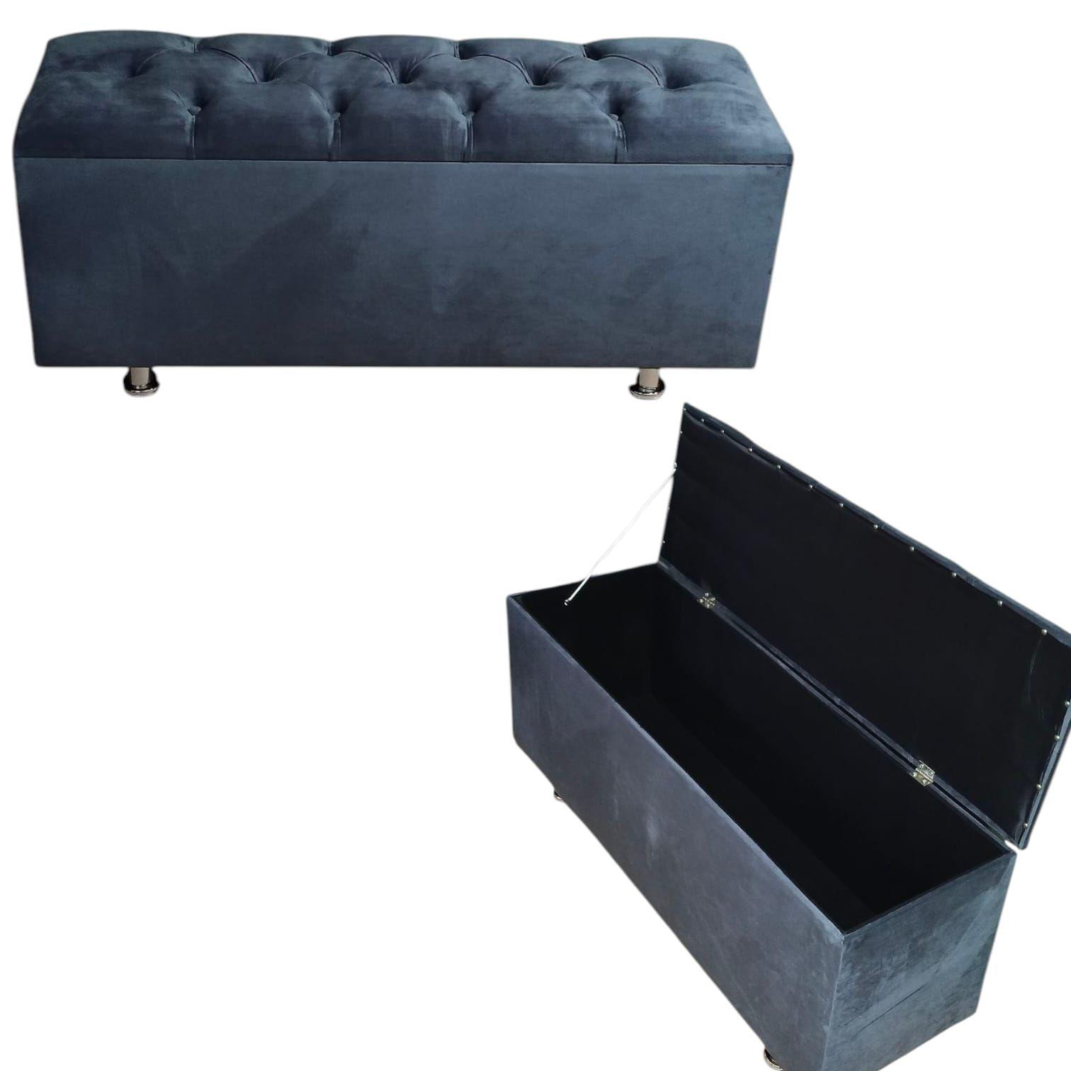 Banqueta Baúl Tapizada en Felpa Gris Plomo,  Moderna, Resistente -0