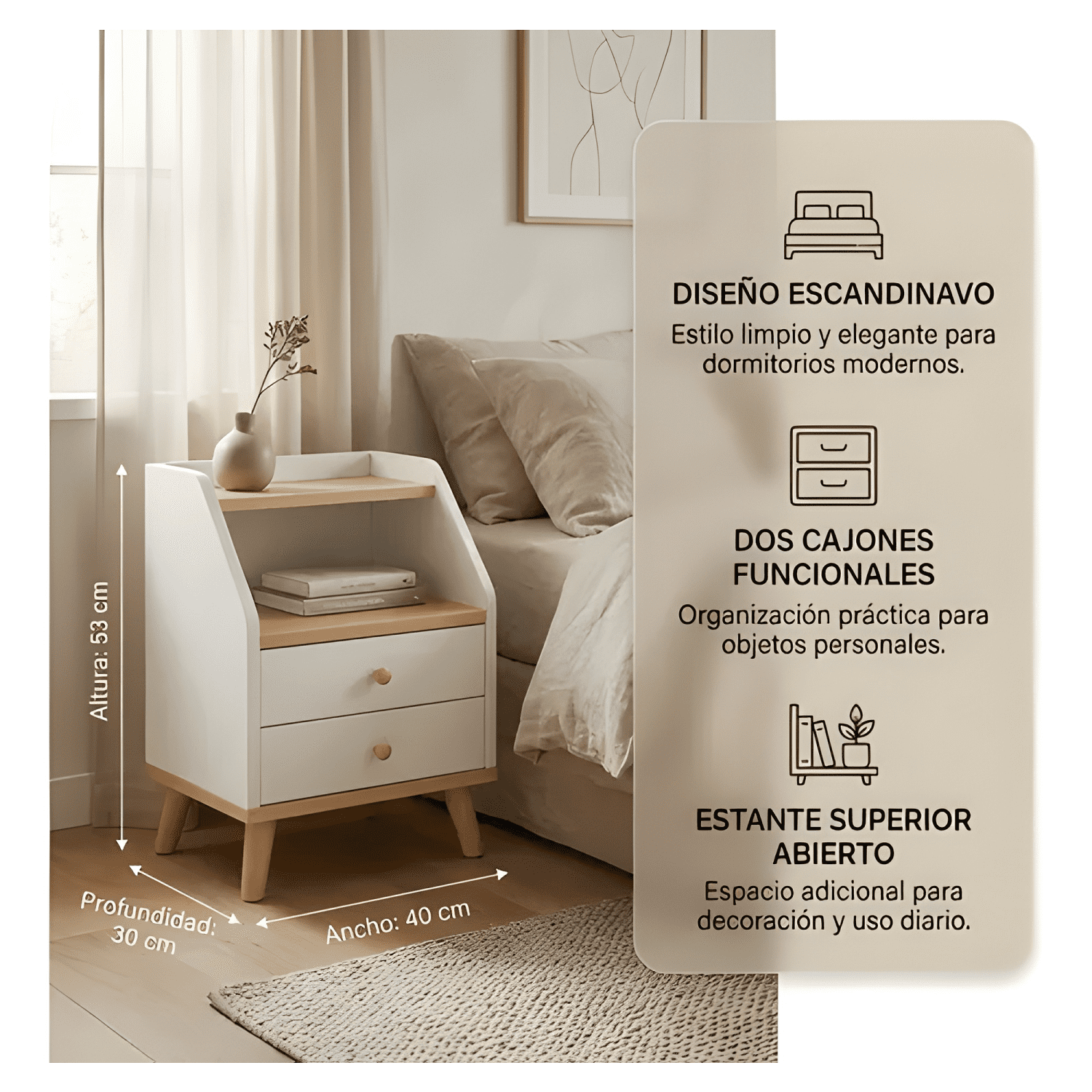 Velador 2 niveles cajones Homer Design 40x30x53 blanco-1