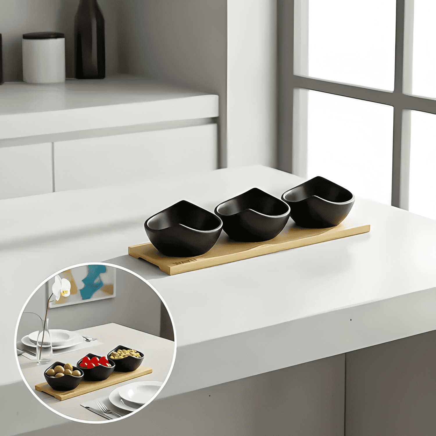 De bowls de cerámica para aperitivos con bandeja de bambú-4