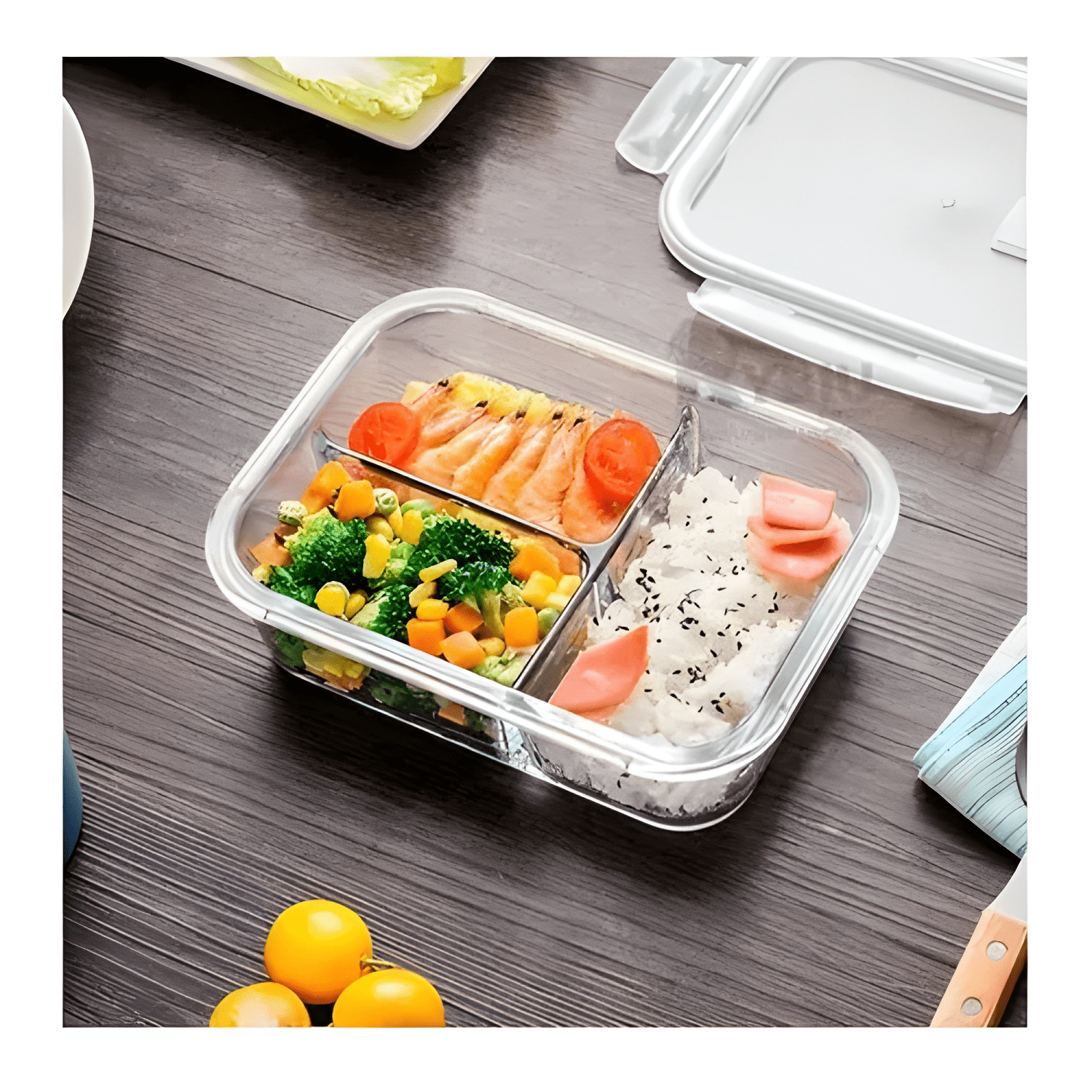 Tupper hermético de vidrio 3 divisiones para comida #14-4