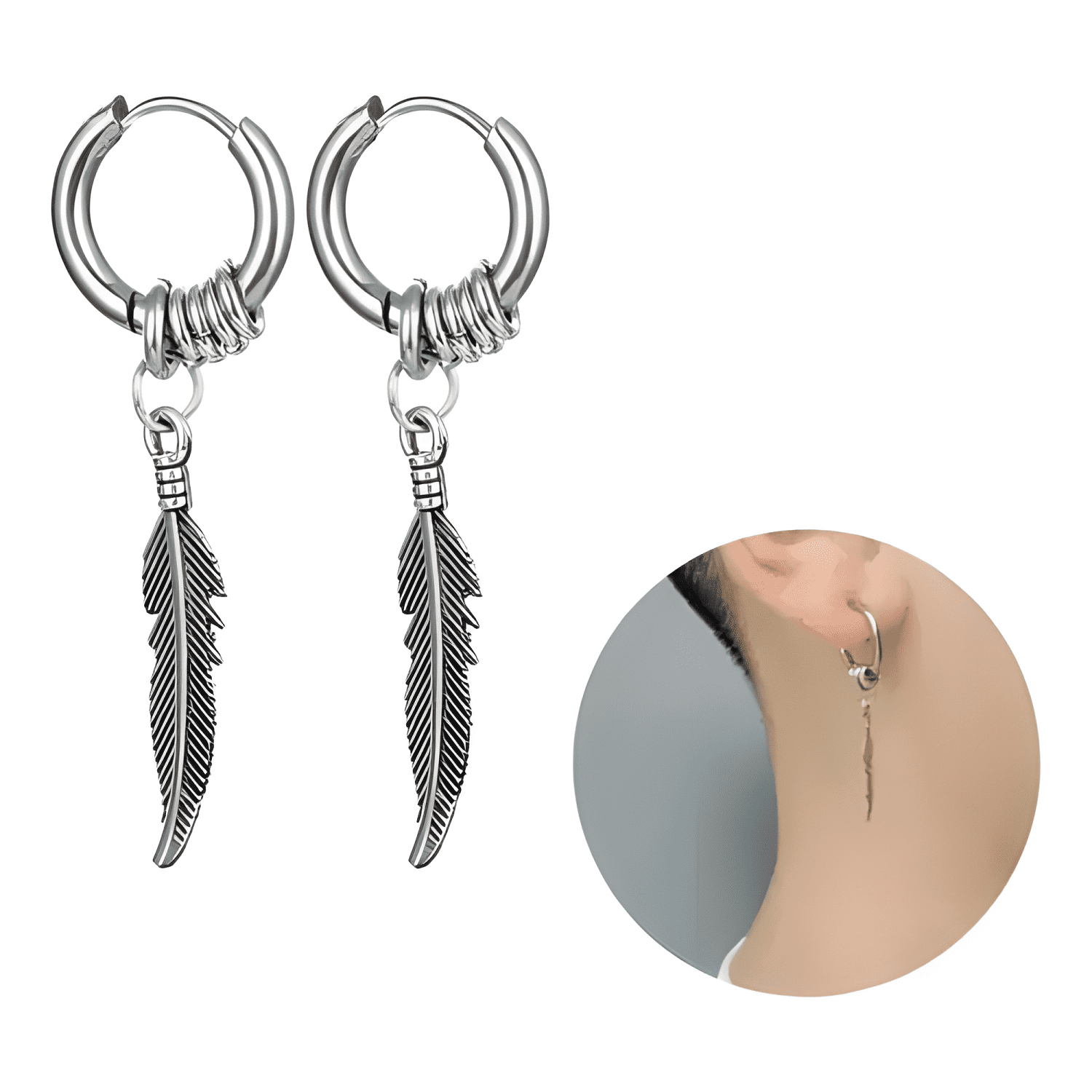 2 Pares Aros Hombre Mujer Pluma Piercing Acero Quirúrgico #6-3