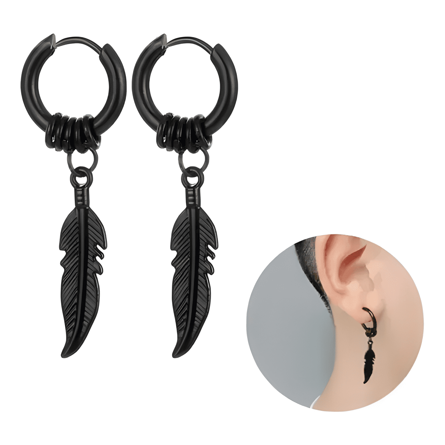 2 Pares Aros Hombre Mujer Pluma Piercing Acero Quirúrgico #6-4