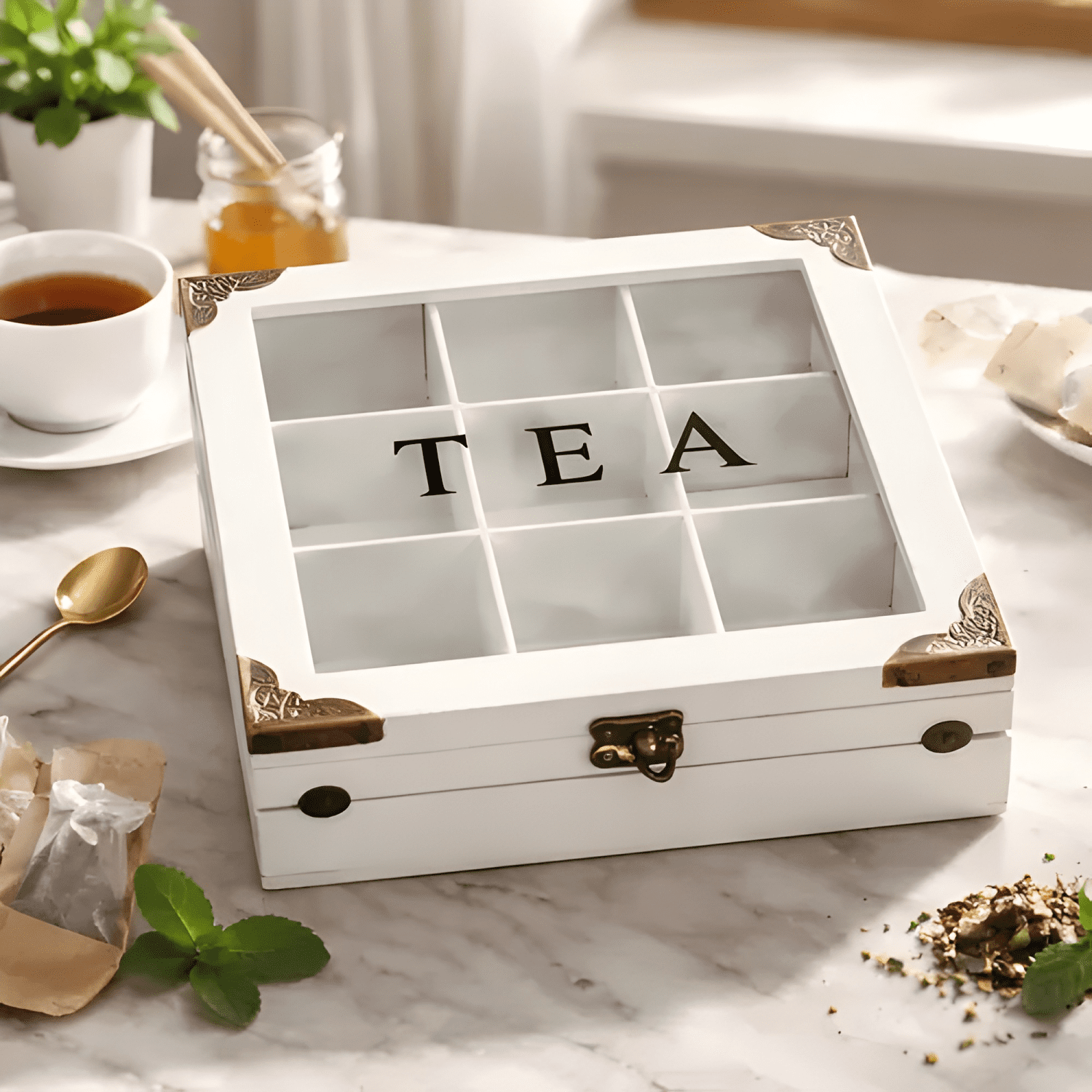Caja organizadora de té 9 compartimentos madera y vidrio-1